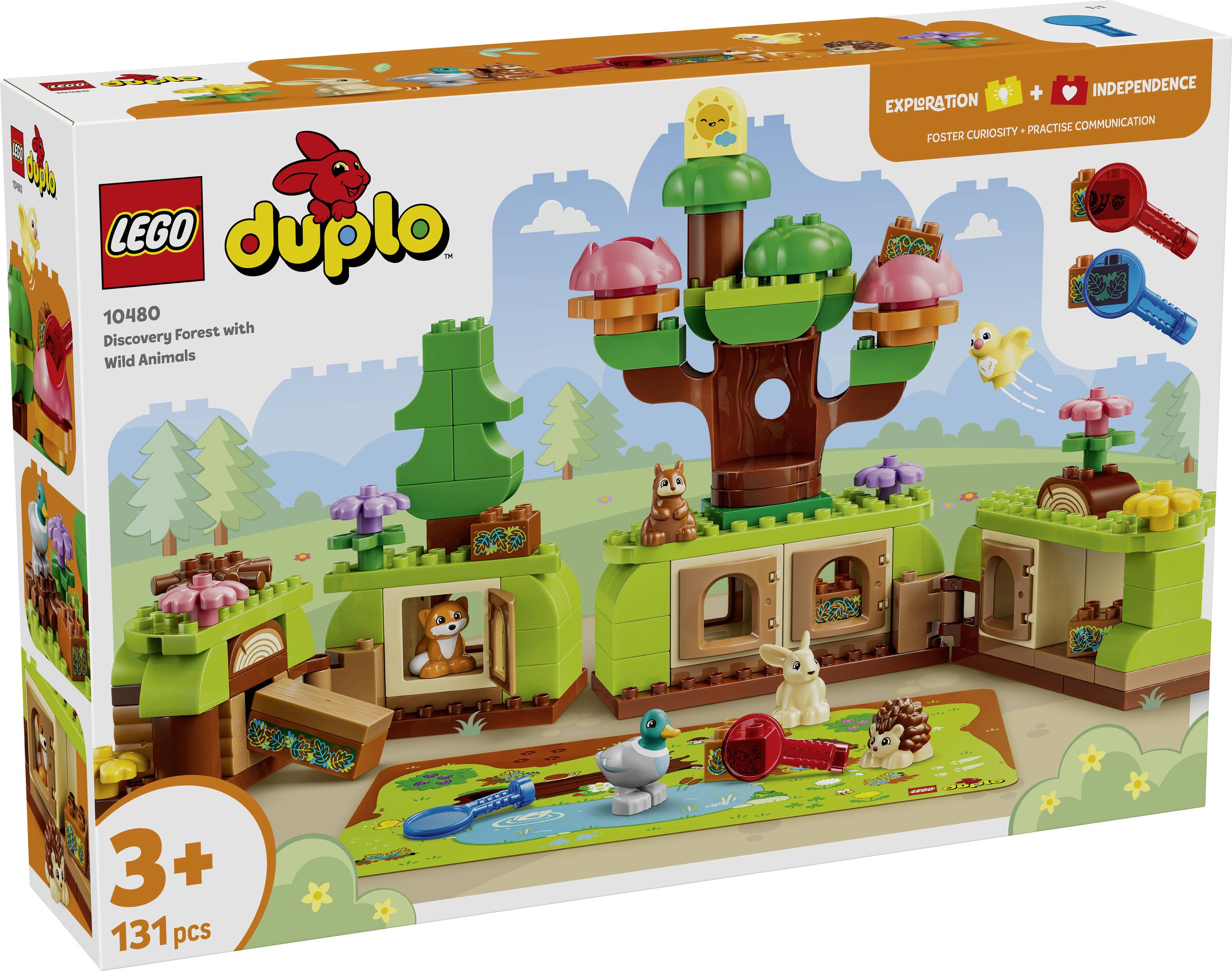 Ensemble LEGO DUPLO « Forêt de Découverte avec Animaux Sauvages » montrant sur la boîte une scène de jeu avec une cabane dans les arbres et des animaux, pour enfants à partir de 3 ans, 131 pièces.