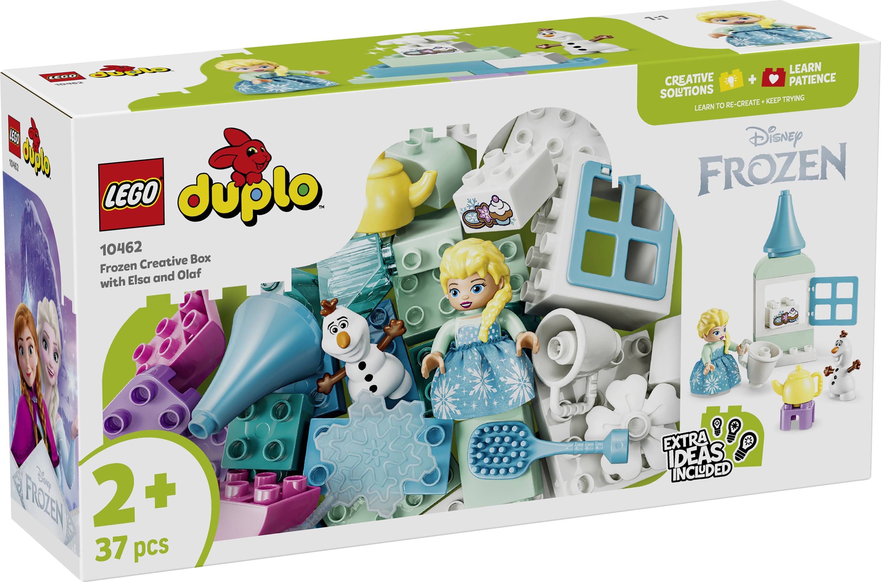 Boîte de l'ensemble LEGO DUPLO Frozen Creative Box présentant Elsa, Olaf et des accessoires ; étiqueté « 10462 », « 2+ ans » et « 37 pcs ».