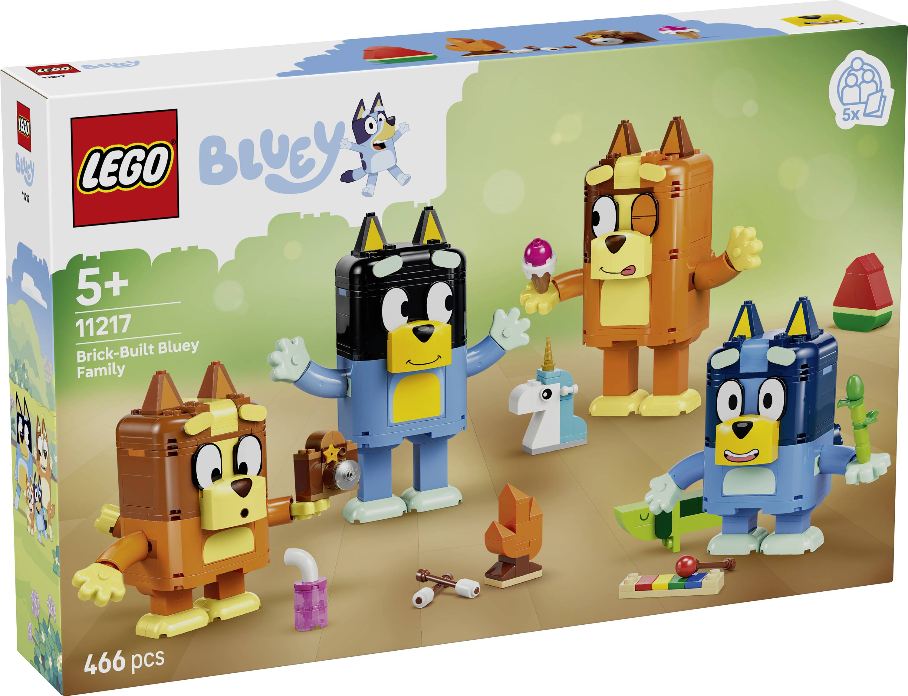 Boîte du set LEGO Bluey Brick-Built avec la famille Bluey montrant quatre personnages à construire, à partir de 5 ans, 466 pièces, set 11217.