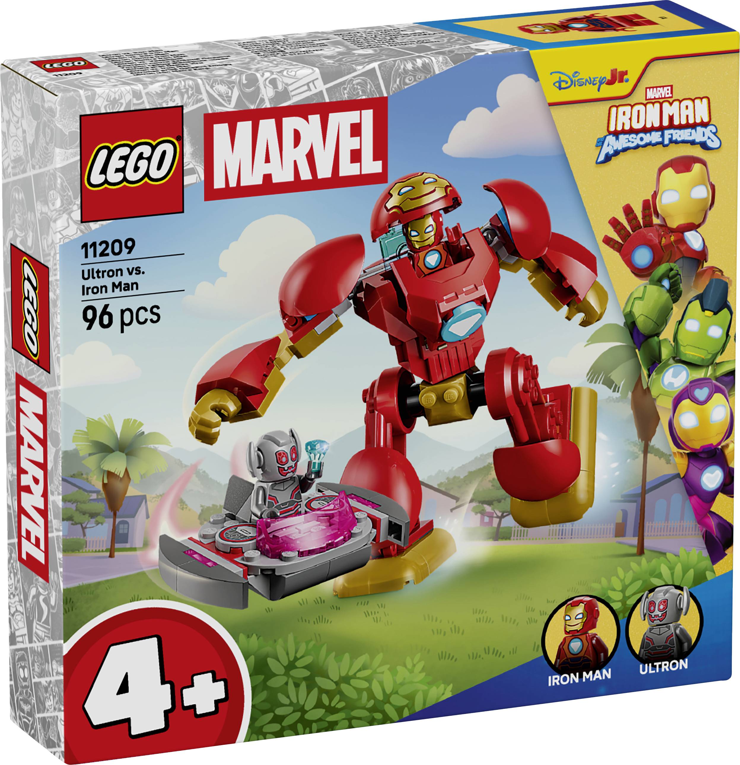 Boîte ensemble LEGO Marvel Disney Jr. Iron Man et Ultron, 96 pièces, pour les âges 4+, montrant les figurines Iron Man et robot Ultron.