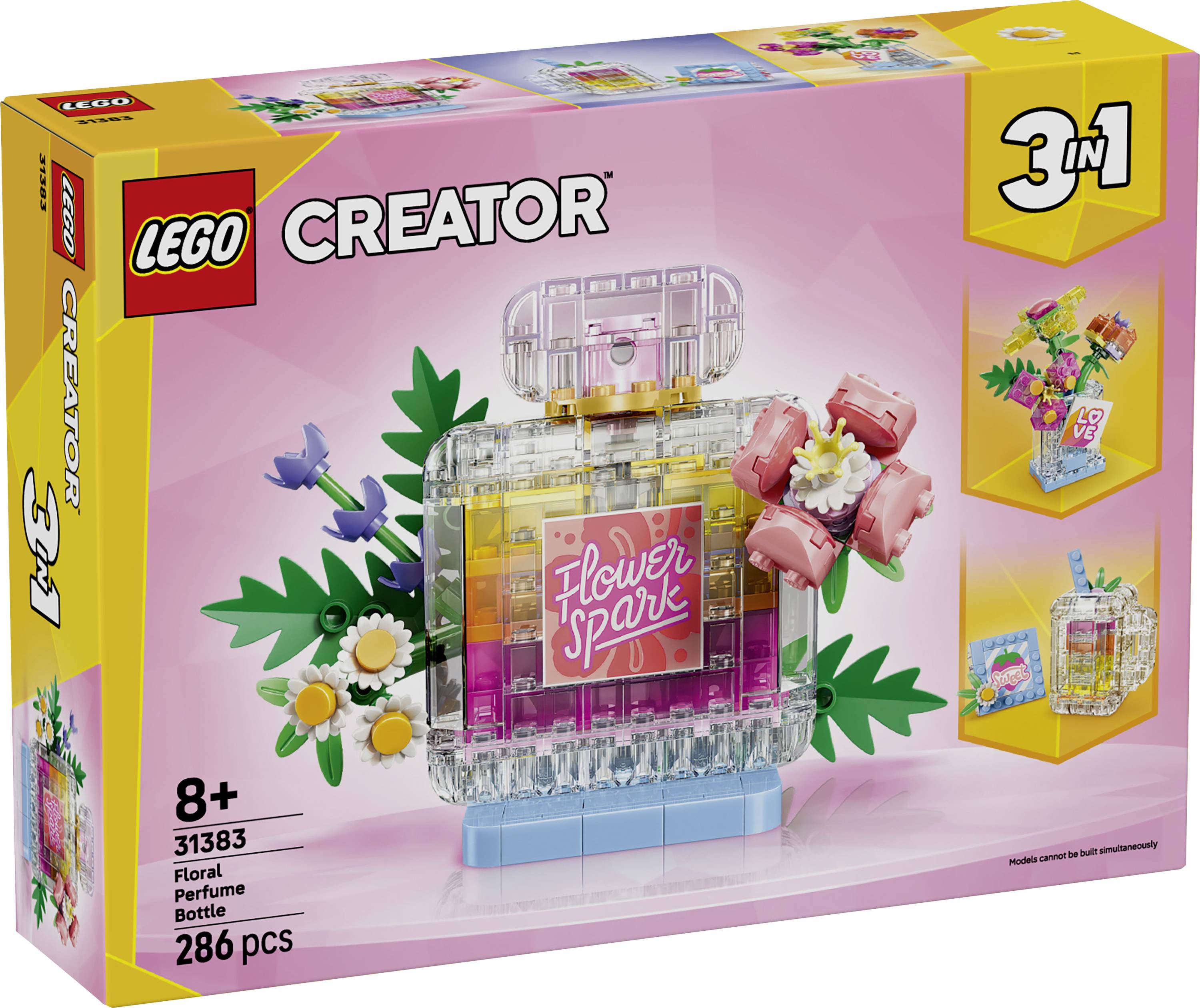 Boîte de l'ensemble LEGO Creator 3-en-1 Bouquet de Fleurs avec flacon de parfum, montrant un flacon rose et transparent avec des fleurs et l'étiquette « Flower Spa » ; 286 pièces, à partir de 8 ans.