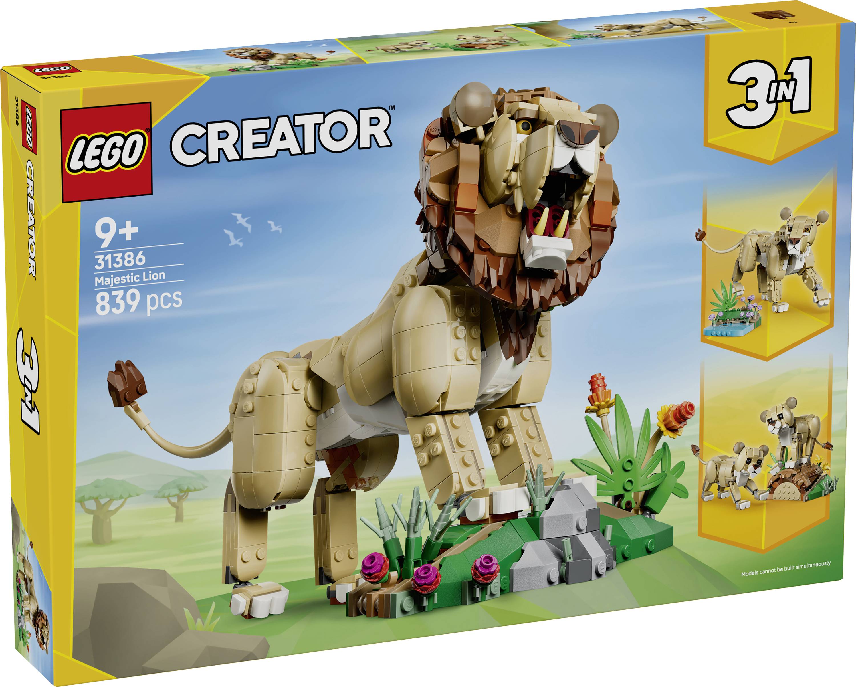 Boîte du set de construction LEGO Creator 3-en-1 Lion majestueux, à partir de 9 ans, 31386, 839 pièces, montrant un modèle de lion rugissant avec des constructions alternatives en encart.