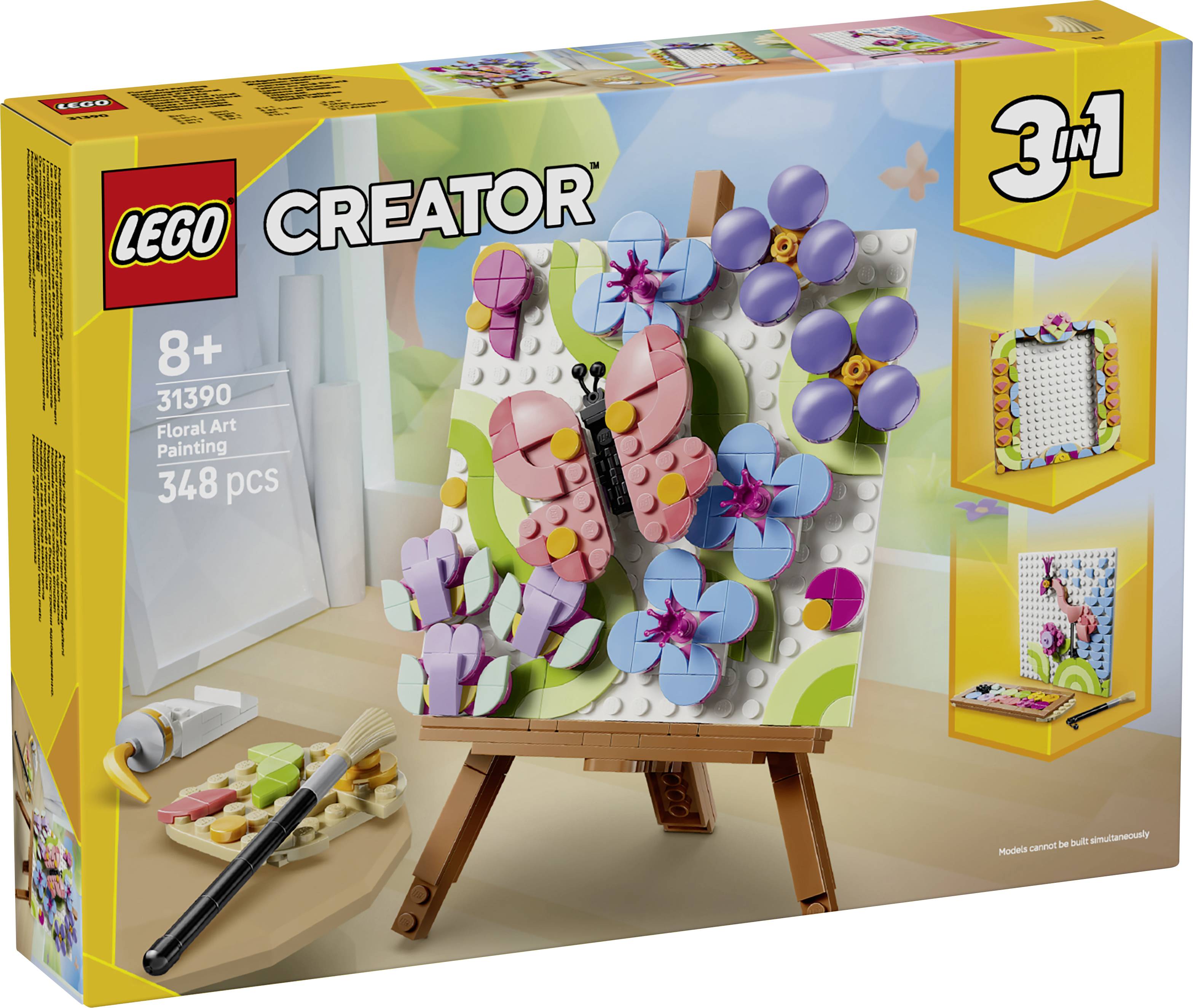 Boîte du set LEGO Creator 3-en-1 Floral Art Painting, montrant une mosaïque papillon-et-fleur sur un chevalet avec 348 pièces pour les enfants de 8 ans et plus.