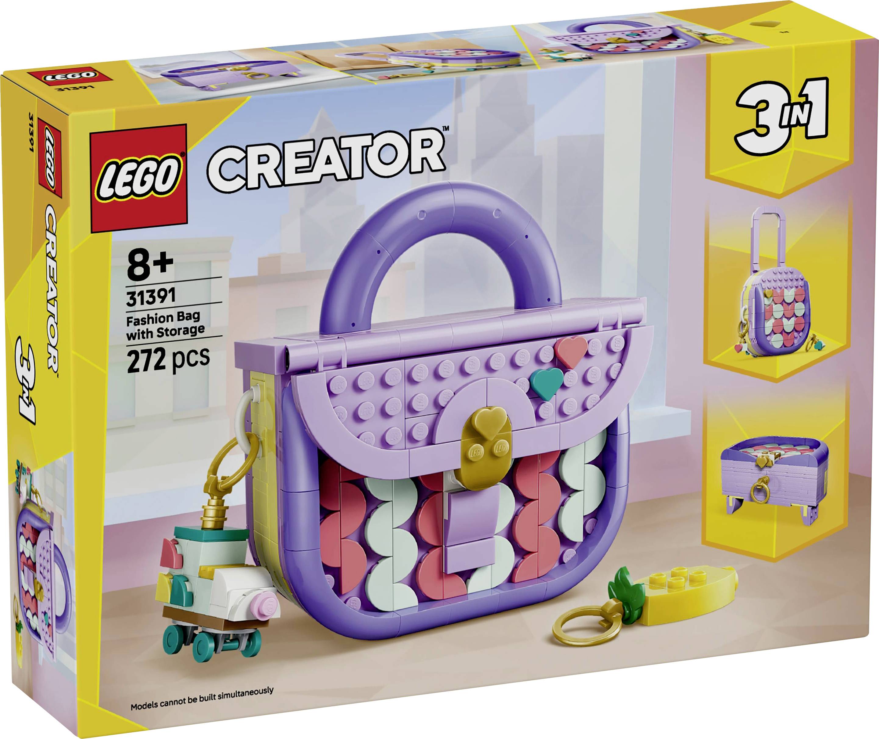 Sac à main LEGO Creator 3-en-1 avec rangement, à partir de 8 ans, 272 pièces, montrant un modèle de sac à main violet et des constructions alternatives.