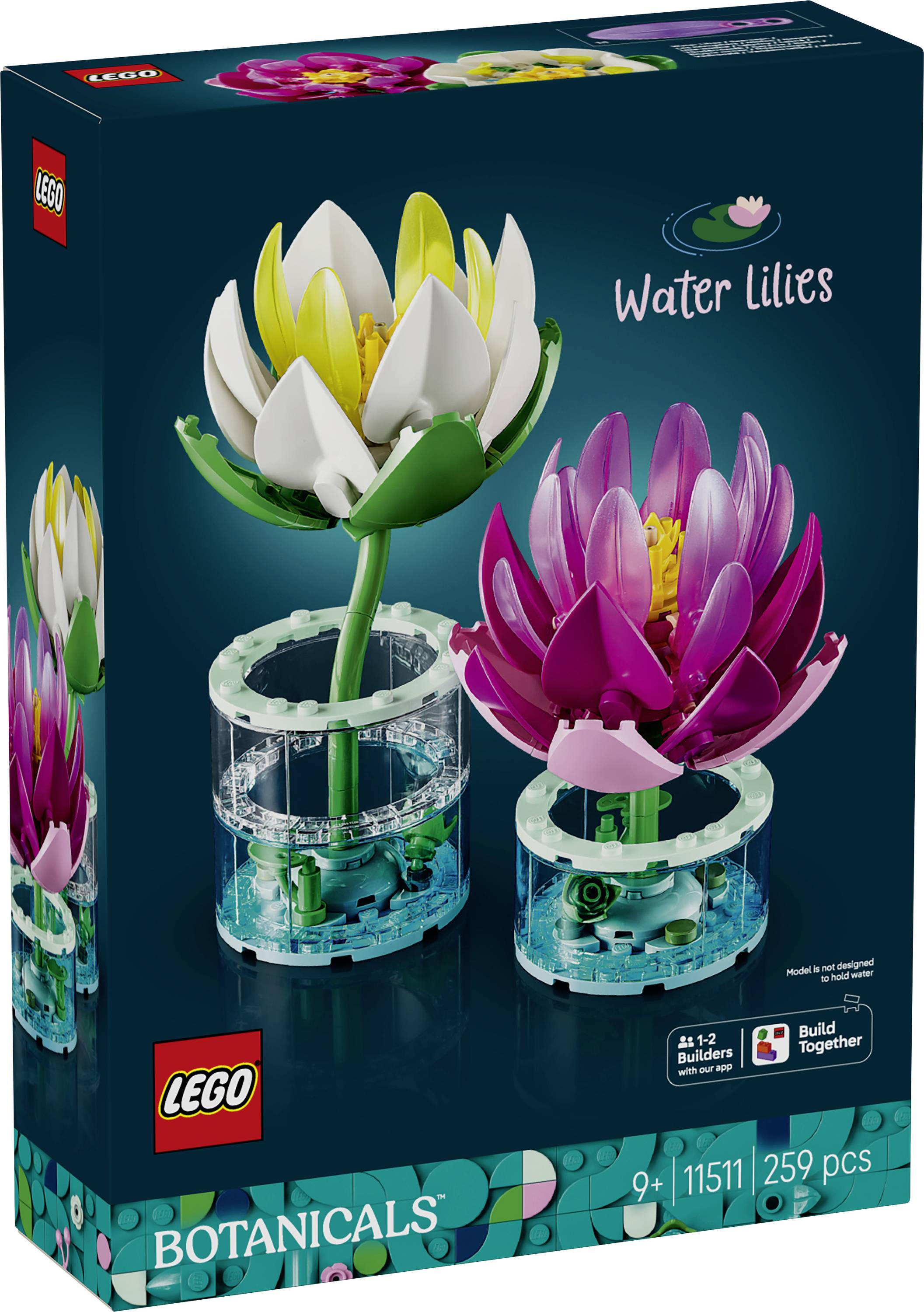 Boîte du set LEGO Botanicals « Nénuphars » présentant deux fleurs de nénuphars à construire, blanc et rose, sur des présentoirs transparents; 259 pièces, à partir de 9 ans