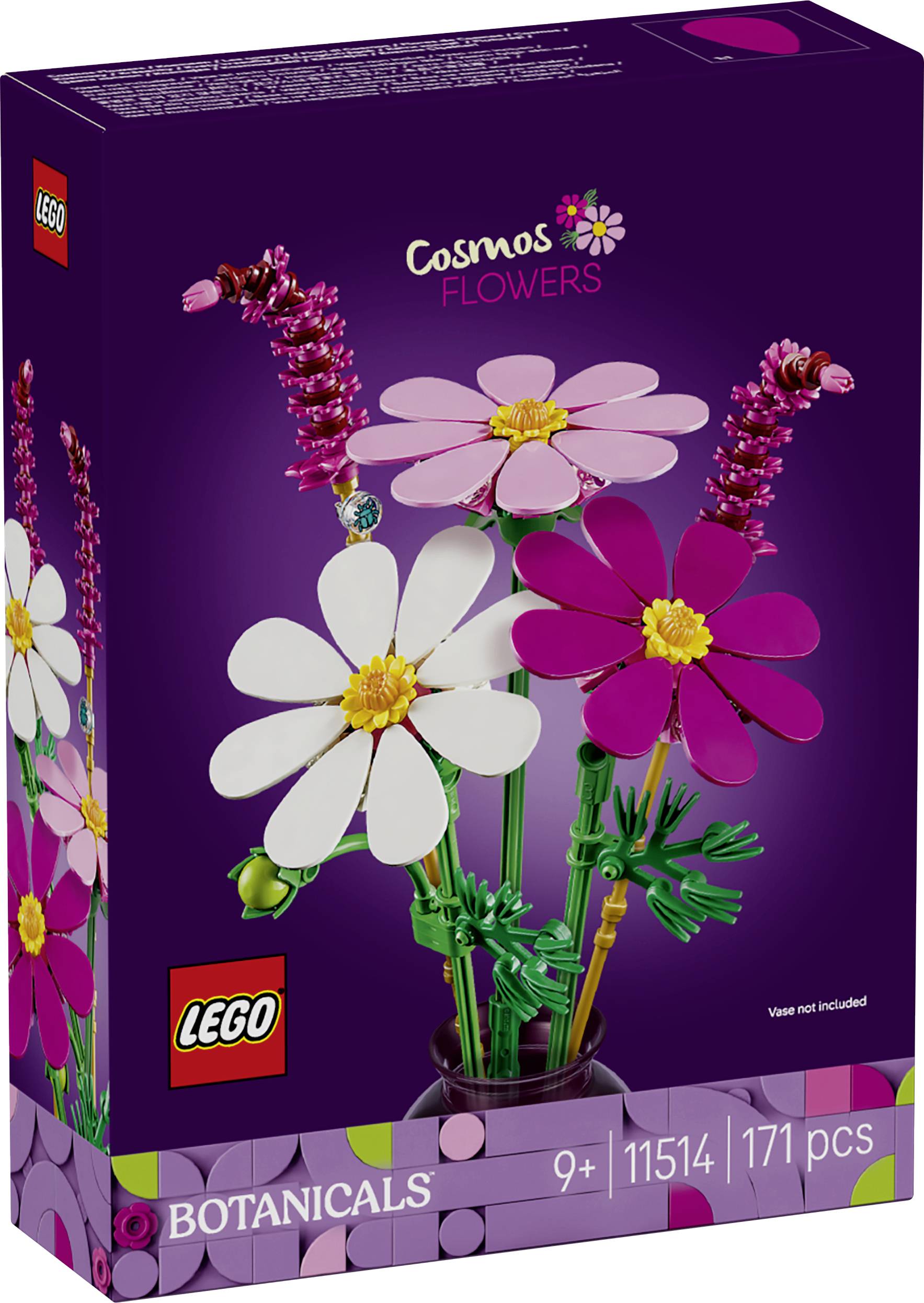 Boîte du set LEGO Botanicals Cosmos Flowers montrant un emballage violet avec trois fleurs cosmos à construire dans un vase, étiqueté 9+, 1154, 171 pcs.