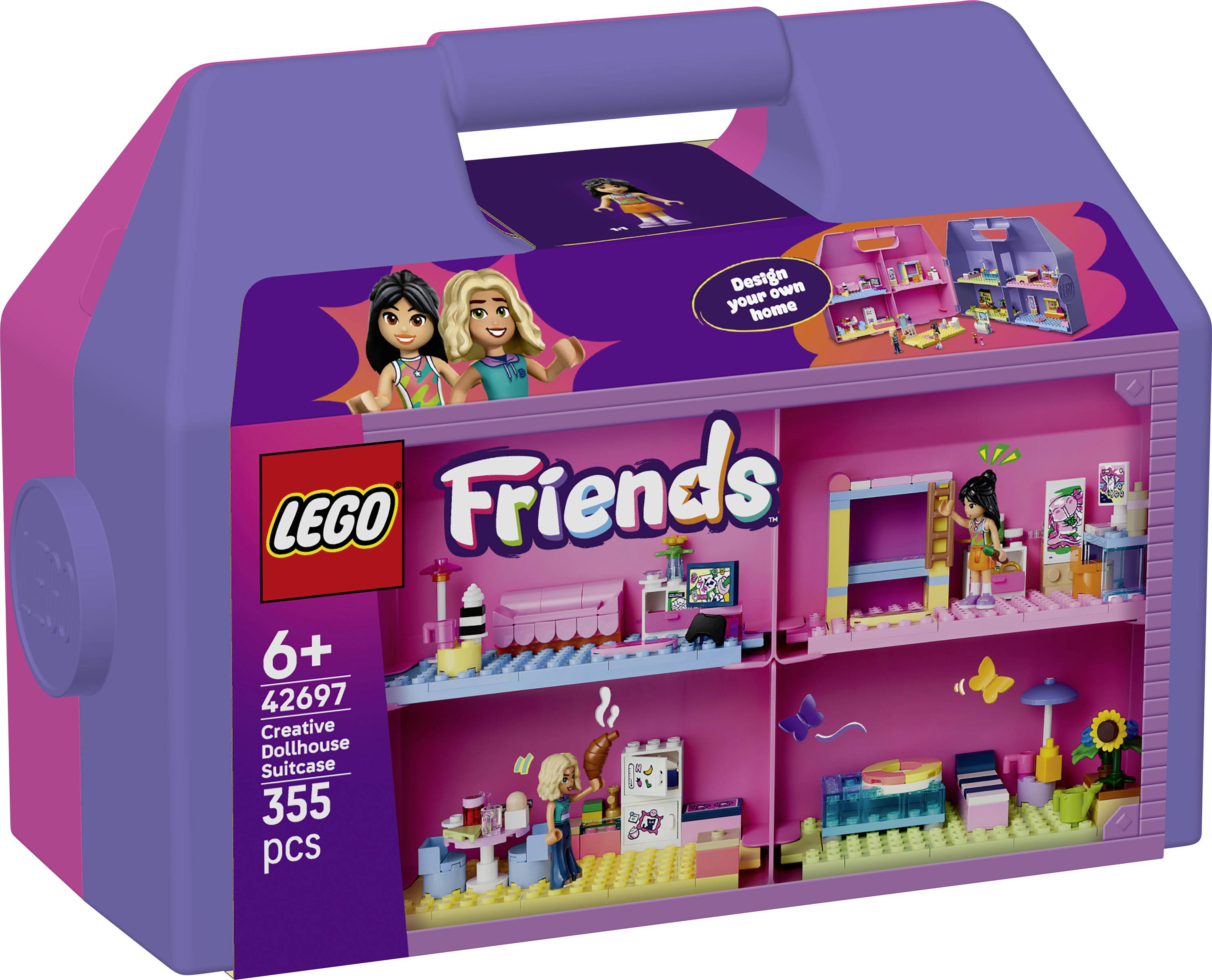Ensemble de maison de poupée créative LEGO Friends 6+ en mallette, 355 pièces, présenté sous la forme d'un boîtier de transport rose et violet avec des scènes de pièces miniatures sur l'avant.