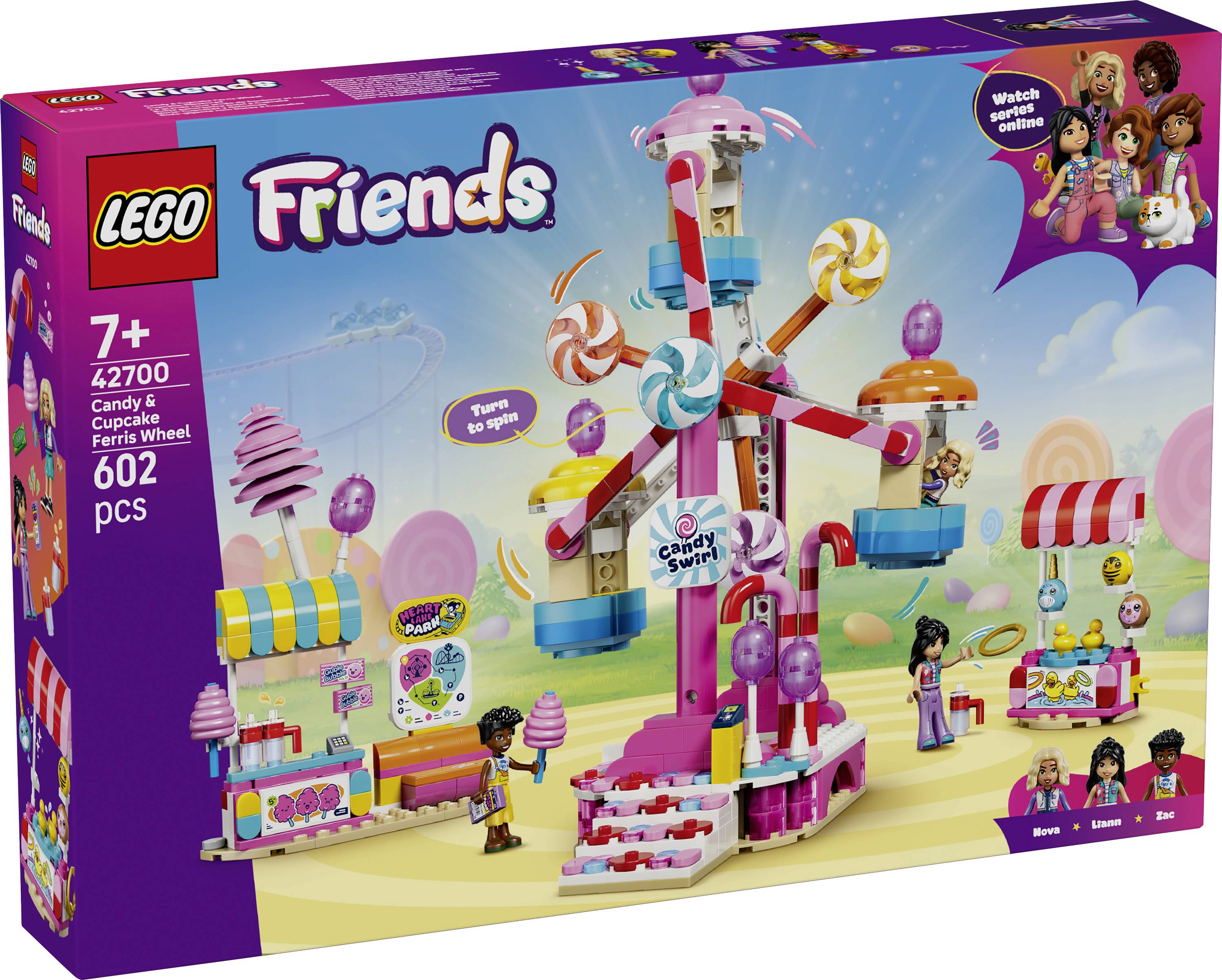 Boîte du ensemble de jeu LEGO Friends Candyklic Ferris Wheel, à partir de 7 ans, 4270 pièces, montrant une scène de carnaval colorée avec une roue de Ferris sur le thème des bonbons et des minifigurines.