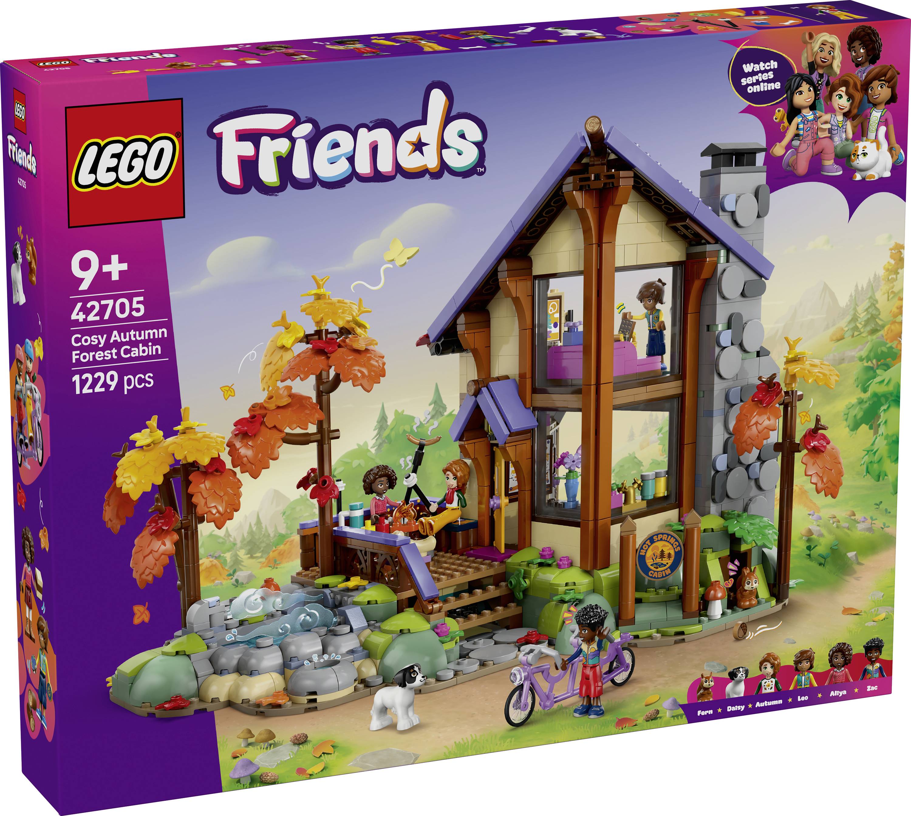 Ensemble LEGO Friends « Chalet d'automne douillet » pour enfants de 9 ans et plus, 42705, 1229 pièces, montrant un chalet forestier à deux étages avec décor automnal et mini-poupées.