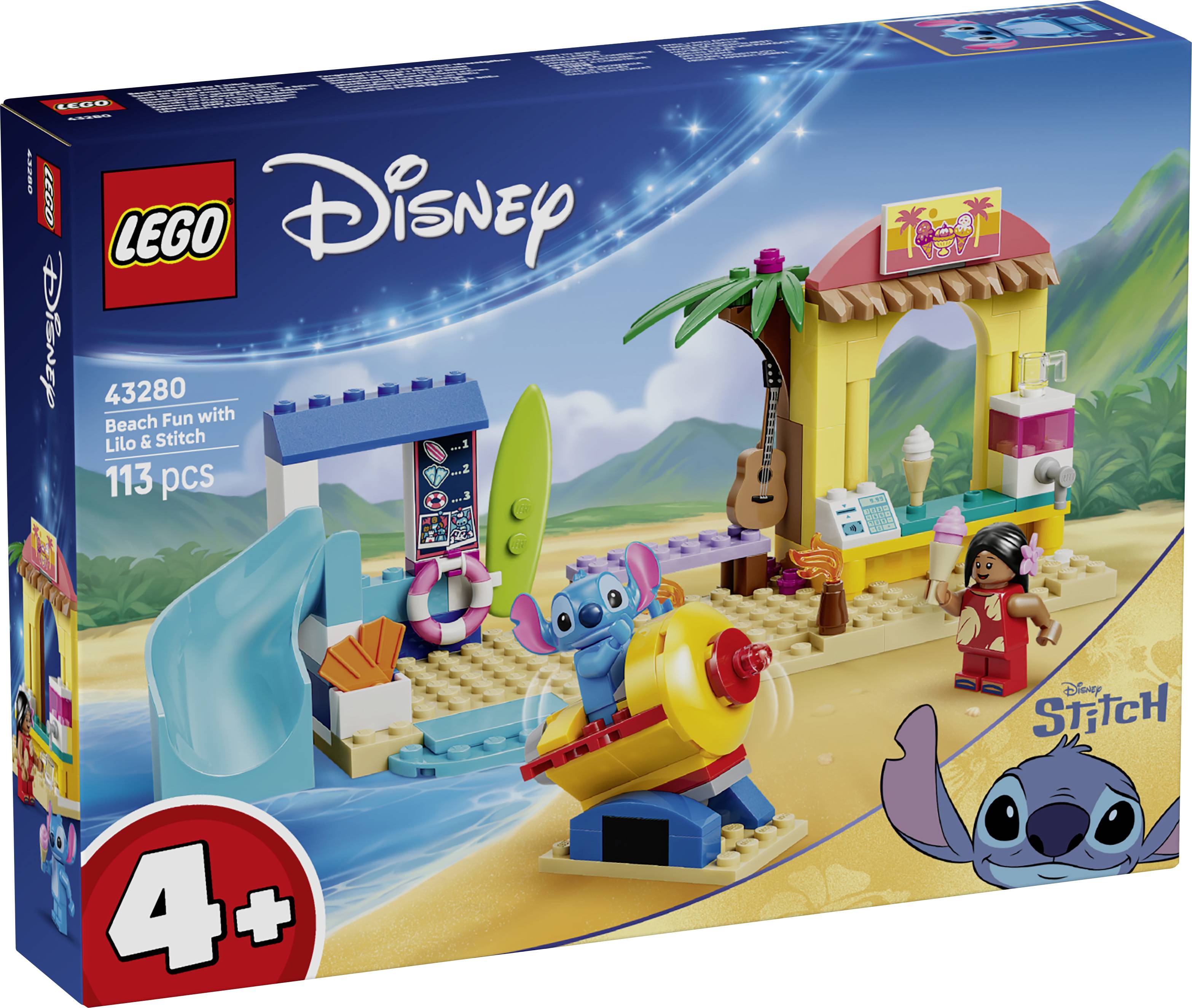 LEGO Disney « Amusement à la plage avec Lilo & Stitch » ensemble de 113 pièces montrant Stitch sur une plage avec une planche de surf, Lilo, et une hutte sous un palmier.