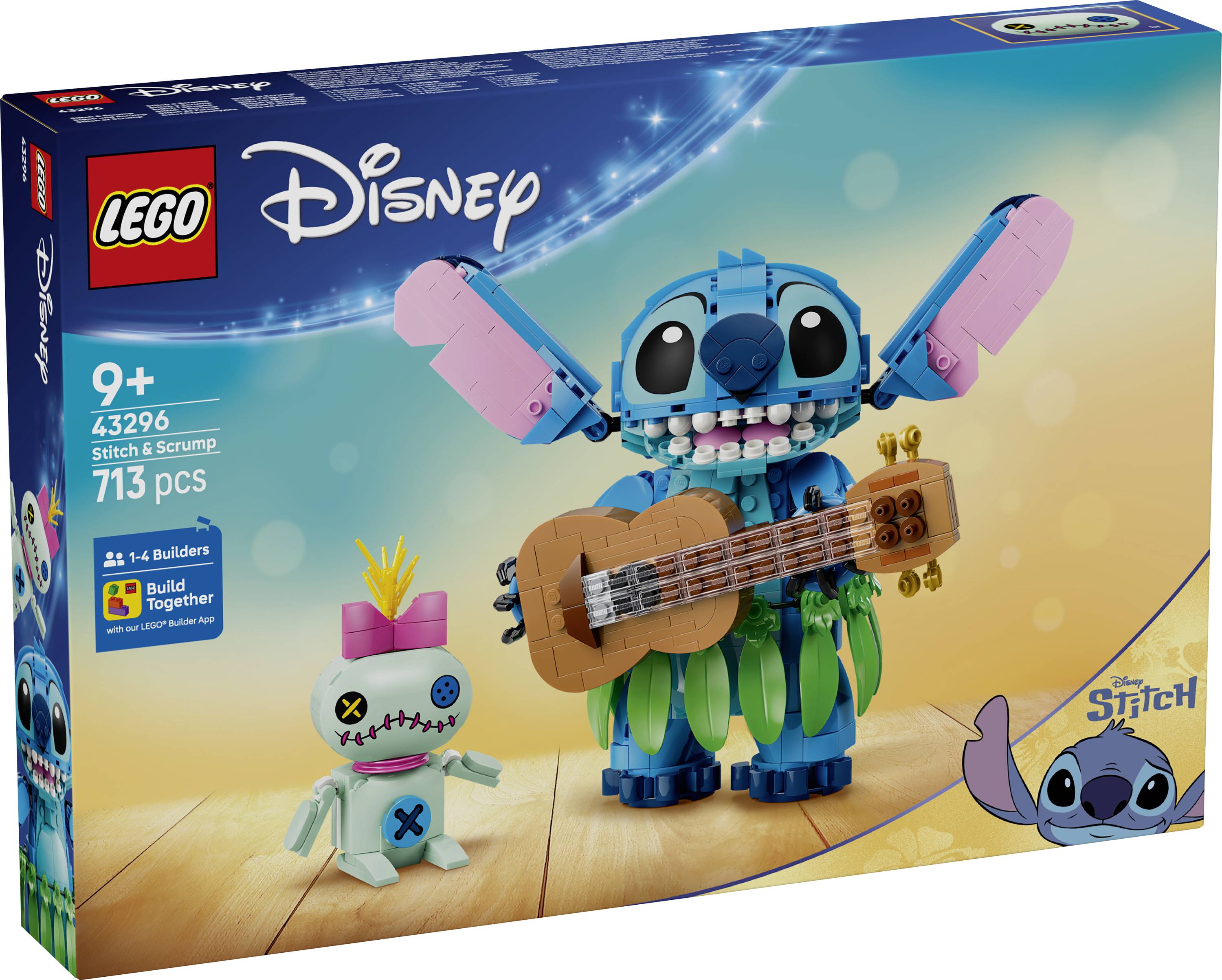 Boîte de set LEGO Disney Stitch montrant Stitch tenant une guitare avec une petite figurine Scrump ; indiquée pour les âges 9+, 43296, 730 pièces.