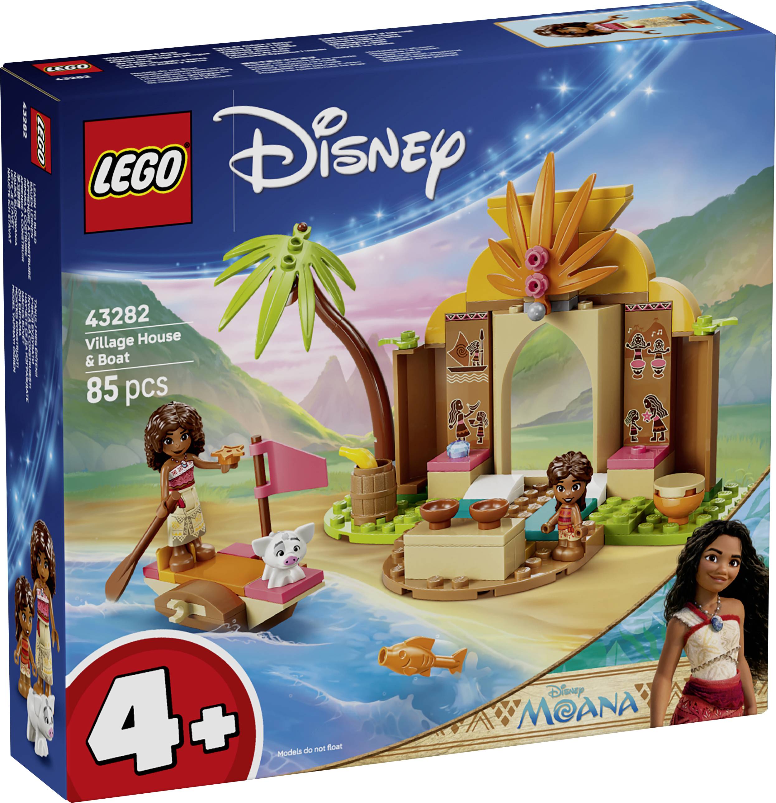 Ensemble LEGO Disney Moana « Maison du Village et Bateau », 85 pièces, à partir de 4 ans, présentant une scène d'île sur le thème de Moana avec des minifigurines et un bateau.