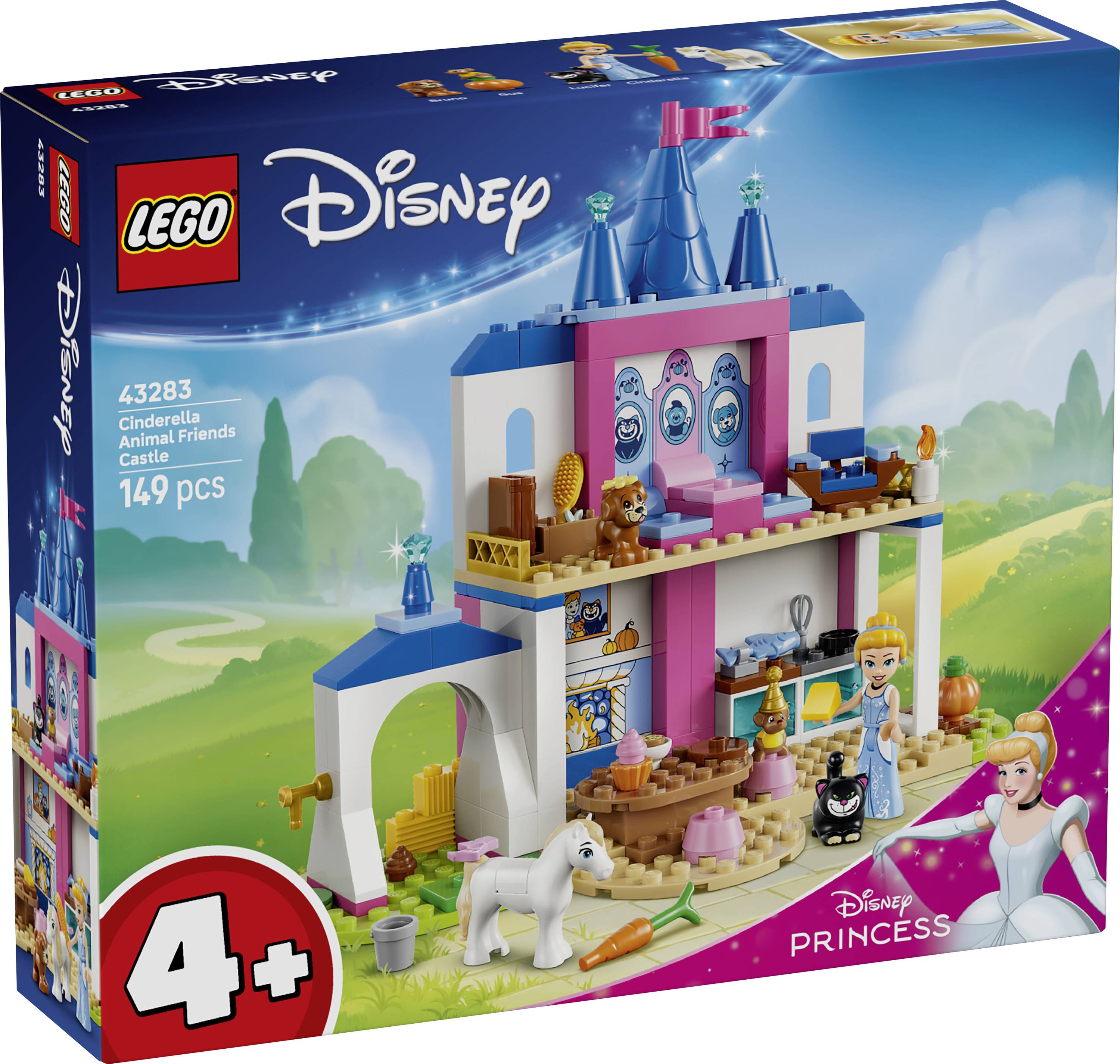 Boîte du set de construction LEGO Disney Princess - Les Amis Animaux de Cendrillon, affichant un playset de château rose et bleu avec des minifigurines et des animaux; 149 pièces, à partir de 4 ans.
