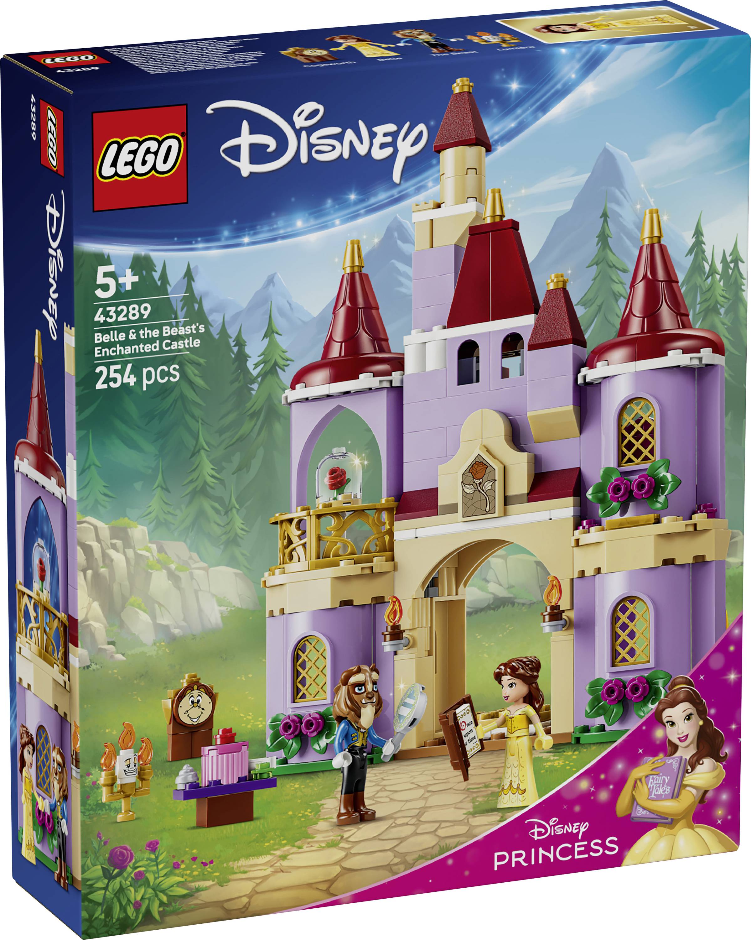 Boîte du set LEGO Disney Princess « Belle et le Château Enchanté de la Bête », à partir de 5 ans, 254 pièces, montrant une construction de château avec Belle, la Bête et le branding de princesse.