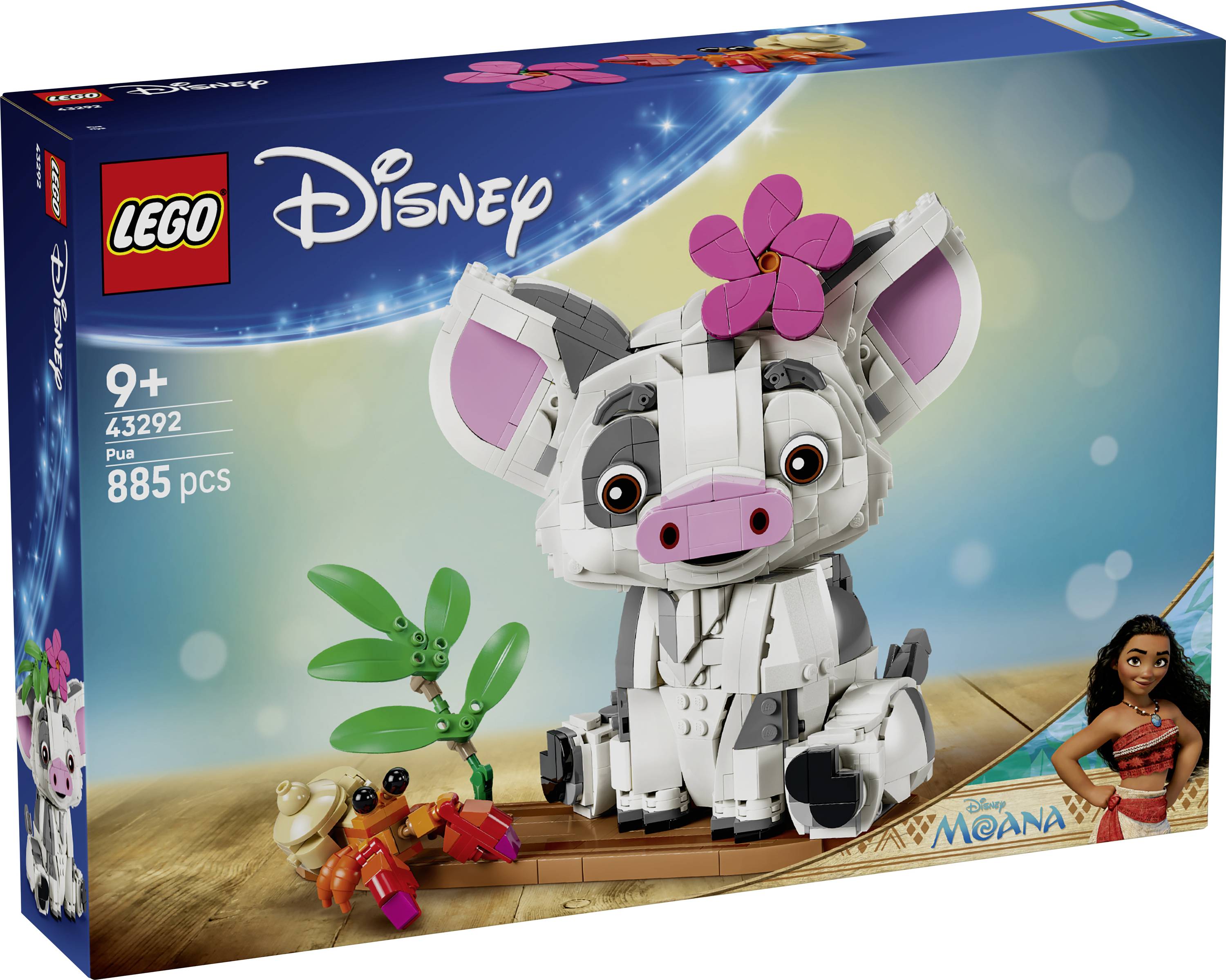 Boîte de set LEGO Disney Vaiana montrant une figurine de cochon blanc avec des oreilles roses et une fleur, étiquetée 43292, à partir de 9 ans, 885 pièces.