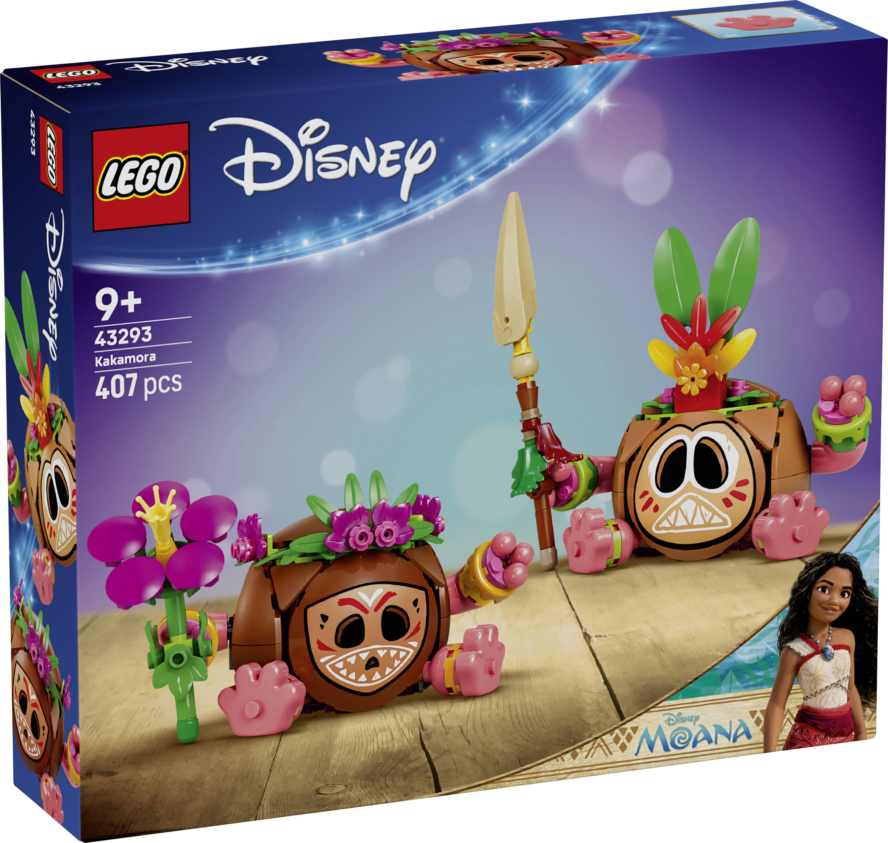 Boîte de set LEGO Disney Kakamora montrant deux personnages pirates Kakamora de Vaiana, à partir de 9 ans, 43293, 407 pièces.