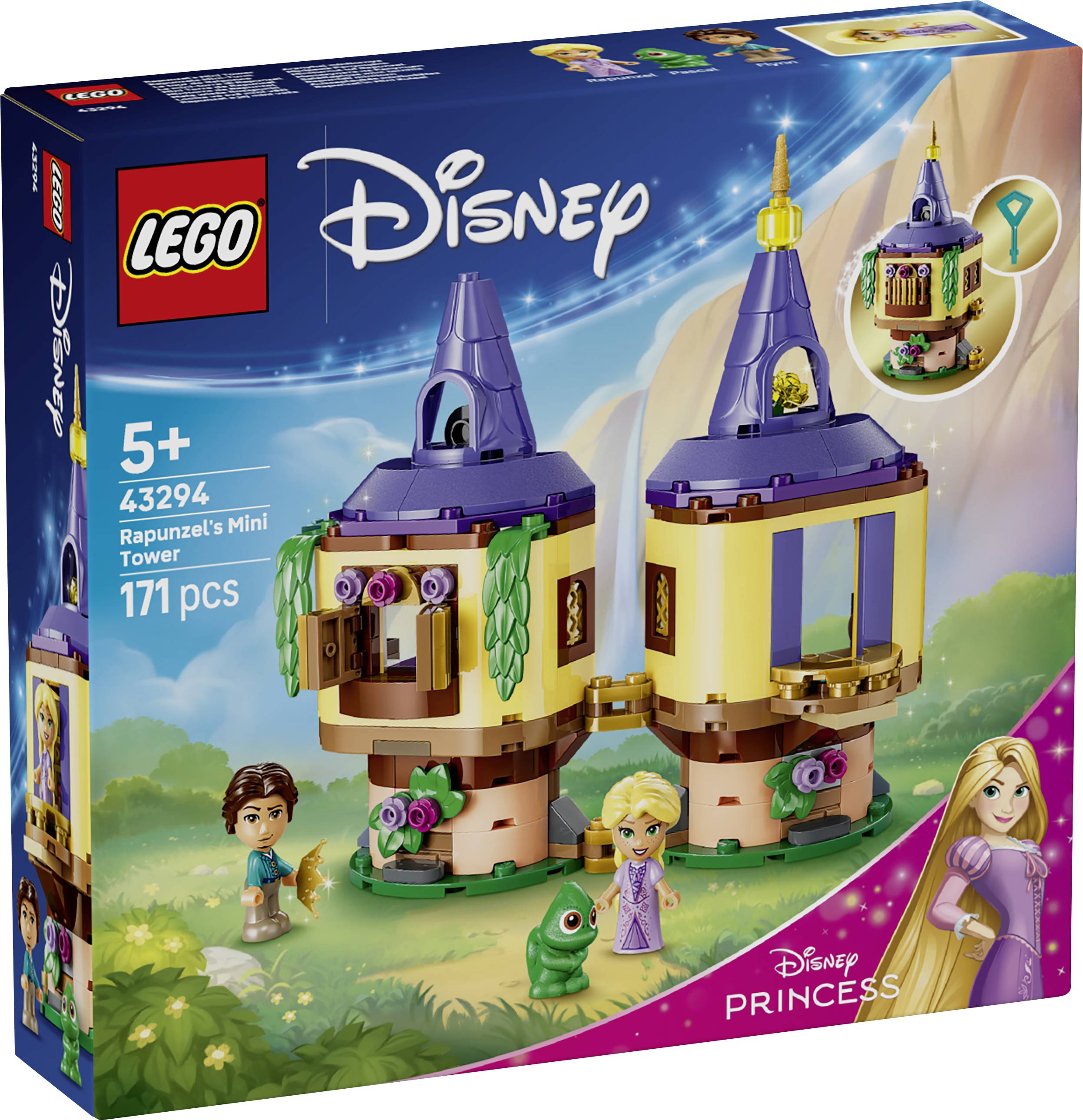 Ensemble de construction LEGO Disney Princess Mini Tour de Raiponce, 171 pièces, à partir de 5 ans, avec Raiponce et les personnages Disney illustrés sur la boîte.