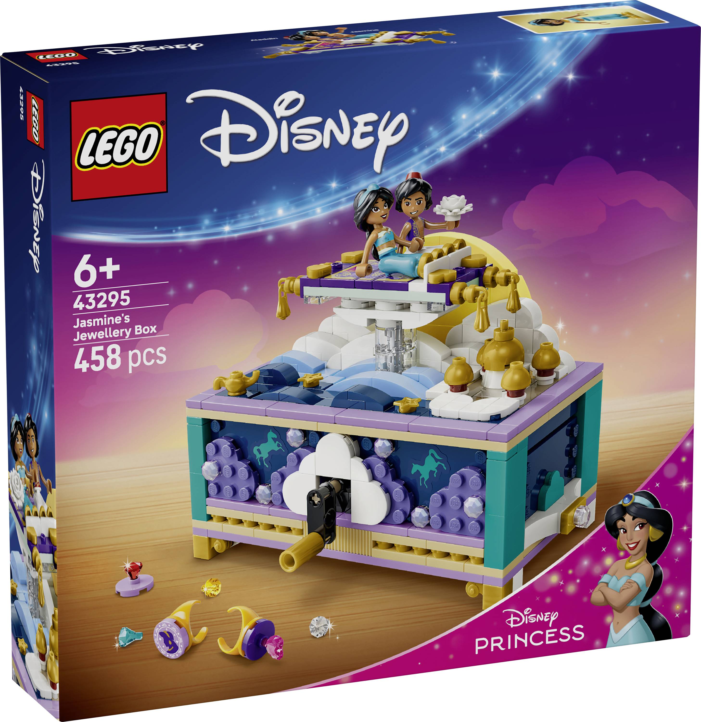 Boîte de l'ensemble LEGO Disney Jasmine's Jewelry Box, montrant une boîte à bijoux constructible avec Jasmine et un autre personnage sur le dessus, 458 pièces, à partir de 6 ans