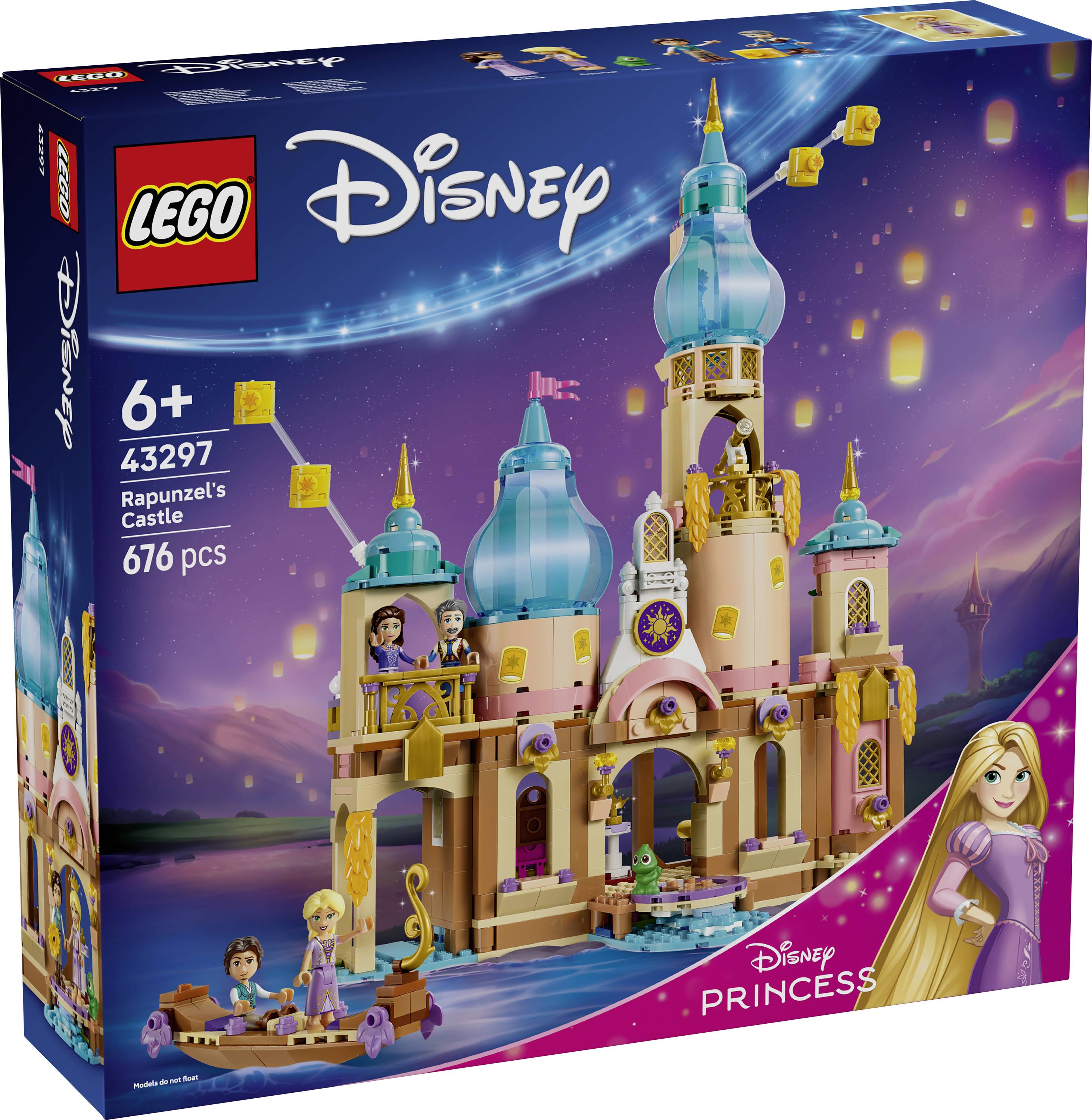 Boîte de l'ensemble LEGO Disney Princesses Le Château de Raiponce présentant une construction colorée du château avec les personnages de Raiponce ; l'étiquette indique « 43297 », « 6+ » et « 676 pièces ».