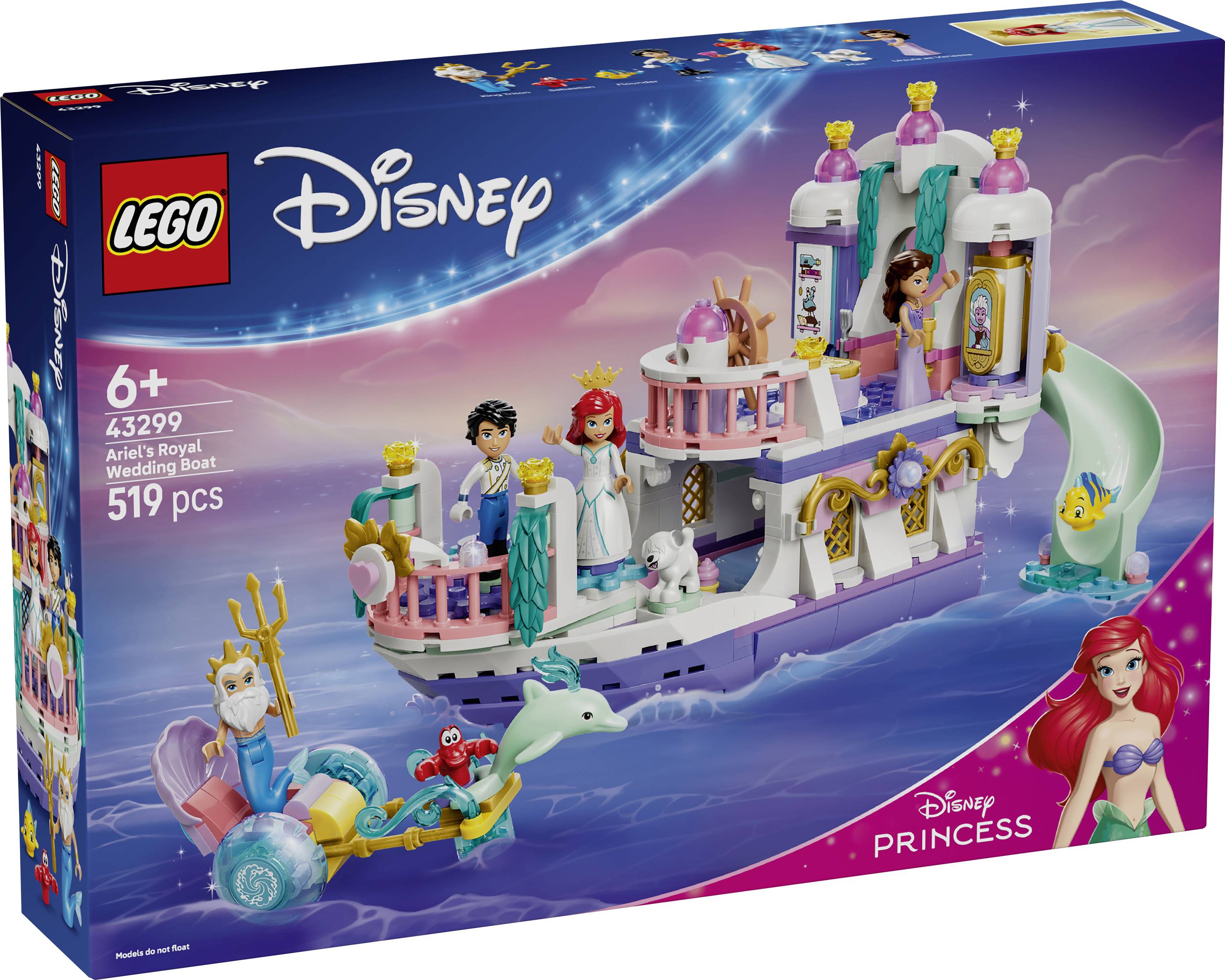 Boîte du set LEGO Disney Princess Le Bateau Royal du Mariage d'Ariel montrant un bateau décorée avec Ariel, le Prince Eric, Polochon, Sébastien et d'autres figurines ; 519 pièces, à partir de 6 ans
