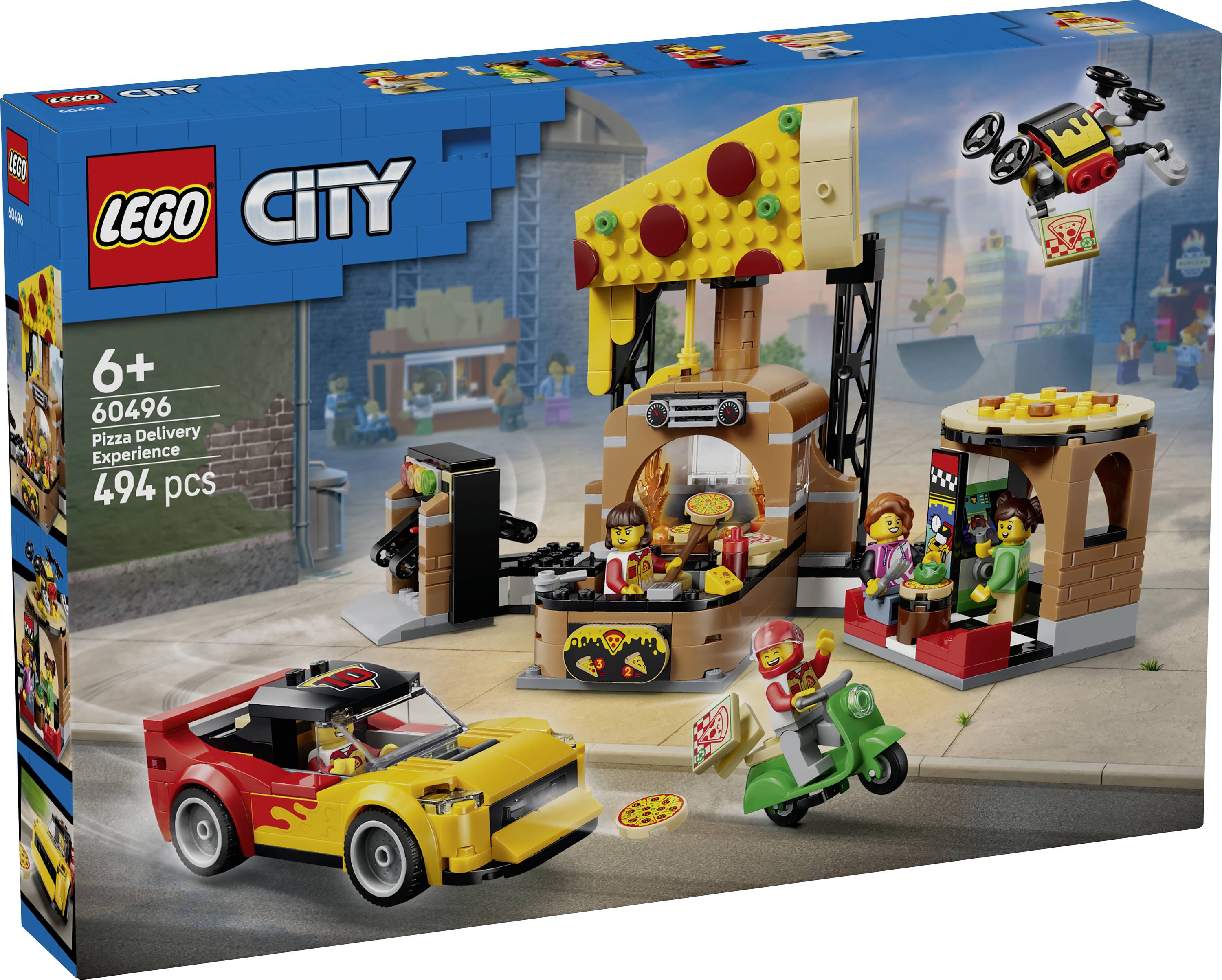 Ensemble LEGO City Pizza Delivery Escape présenté sur la boîte montrant une scène de pizzeria avec des minifigurines, une voiture de sport, un scooter et un drone de livraison ; 60496, à partir de 6 ans, 494 pièces.