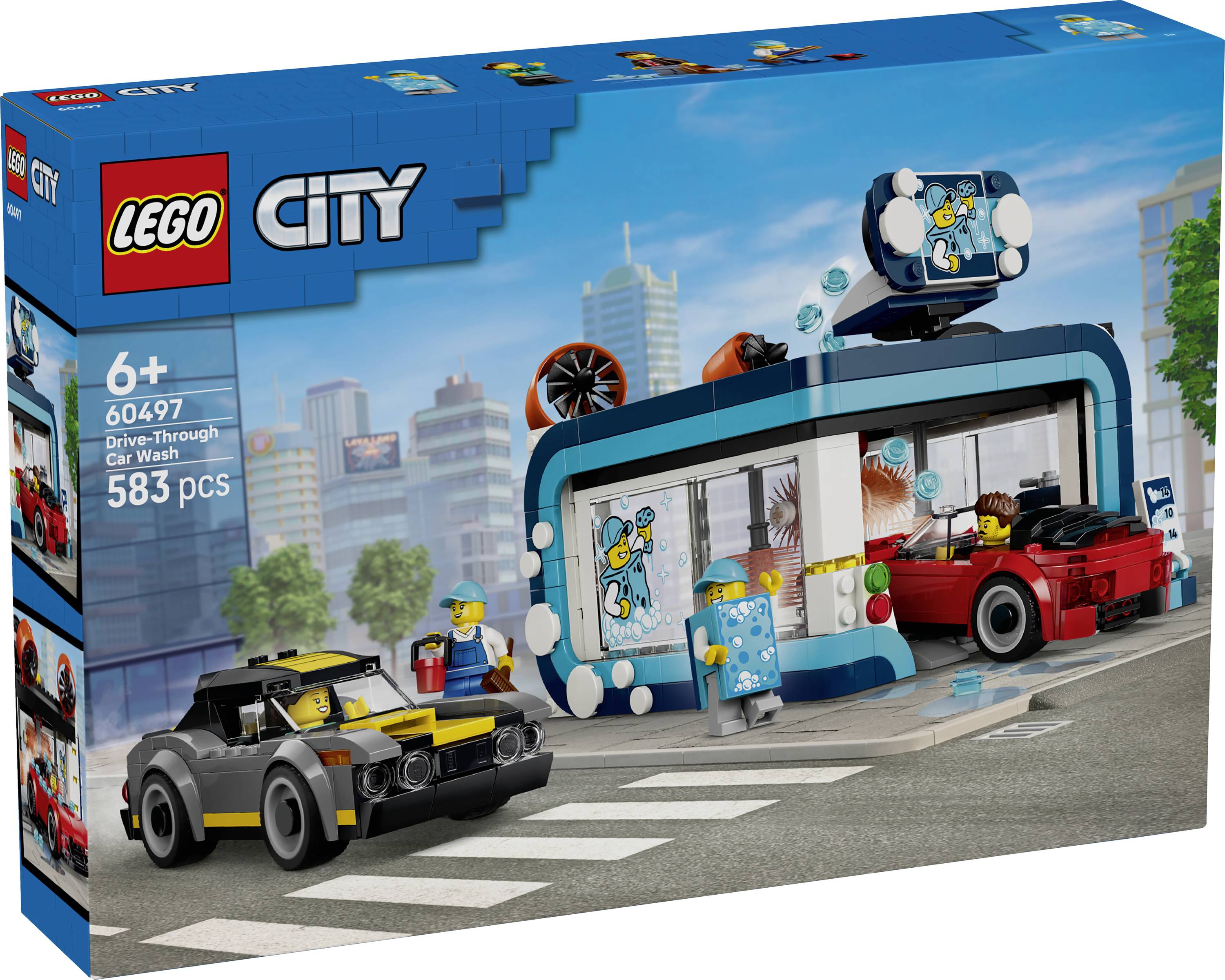 Ensemble LEGO City « Lavage automobile » sur boîte montrant une décapotable rouge et une voiture de sport noire à un lavage automatique, à partir de 6 ans, 583 pièces.