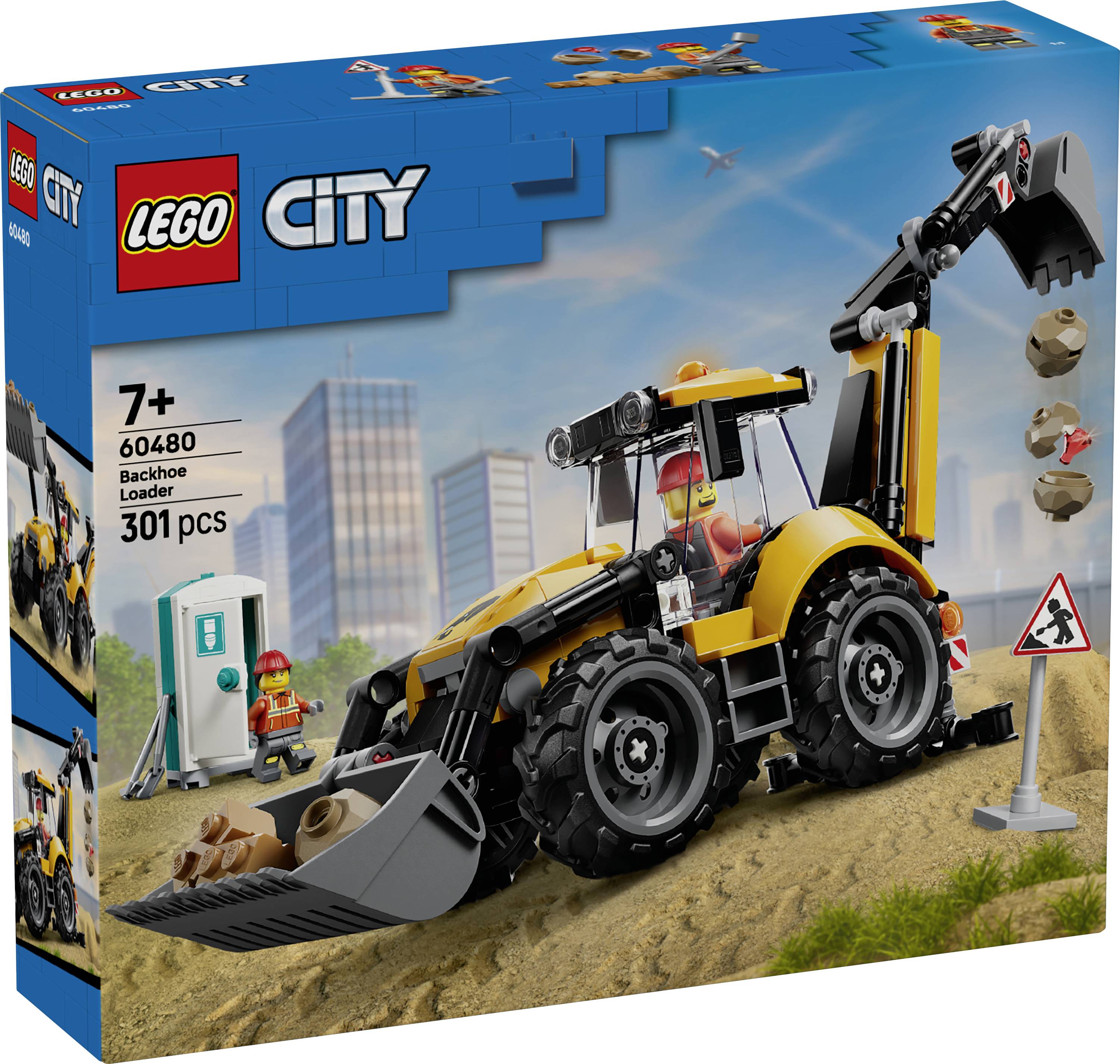 Boîte d'ensemble de jouets LEGO City Chargeuse-pelleteuse, à partir de 7 ans, 60480, 301 pièces, montrant un véhicule de construction jaune et un ouvrier sur un chantier.