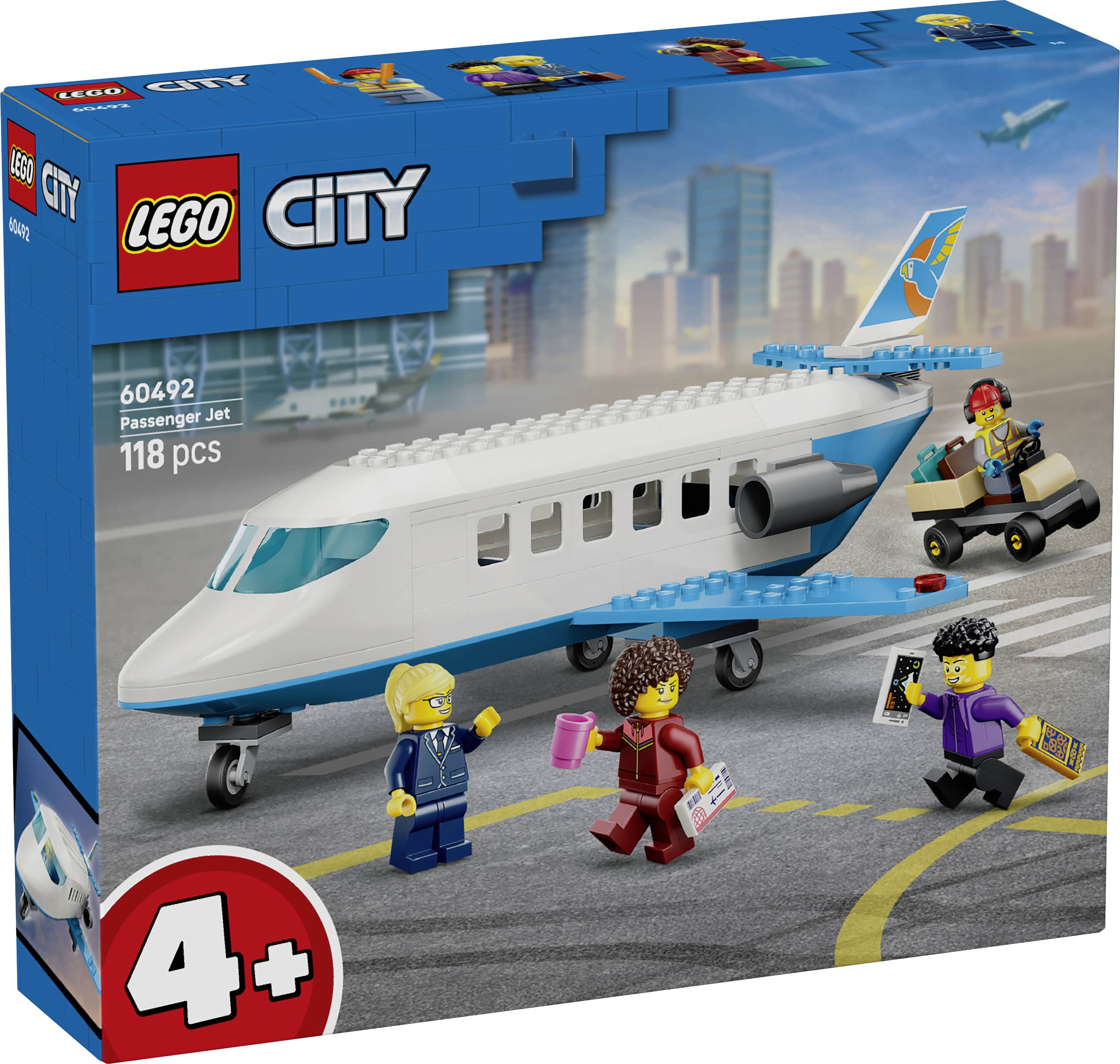 Boîte du set LEGO City Avion de Passagers, montrant un avion bleu et blanc, quatre figurines, set 60492, 118 pièces, pour les âges 4+.