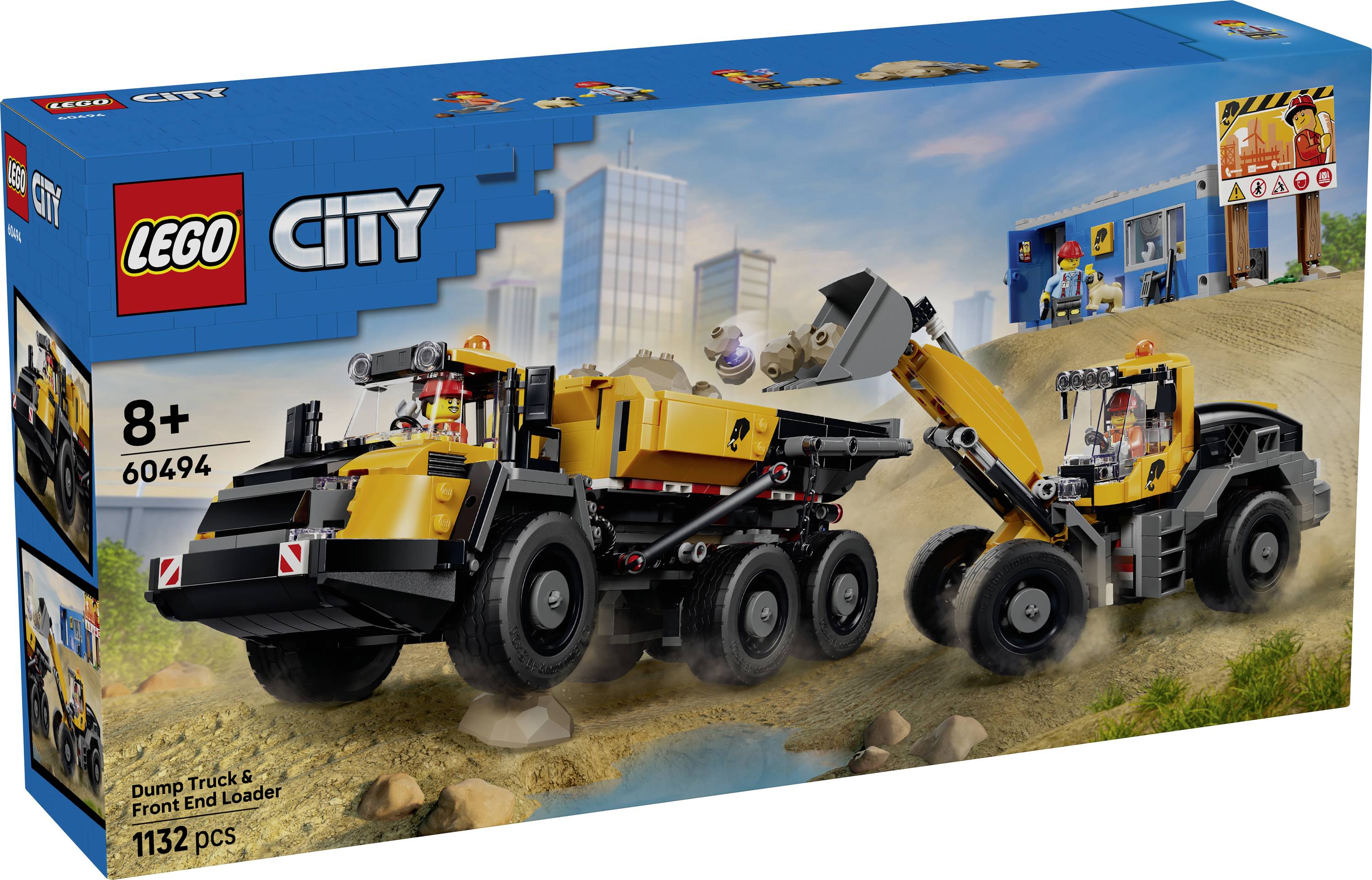 Boîte d'ensemble de construction LEGO City Camion benne et Chargeuse sur roues présentant un camion benne, une chargeuse et une scène de chantier ; 8+ et 1132 pièces