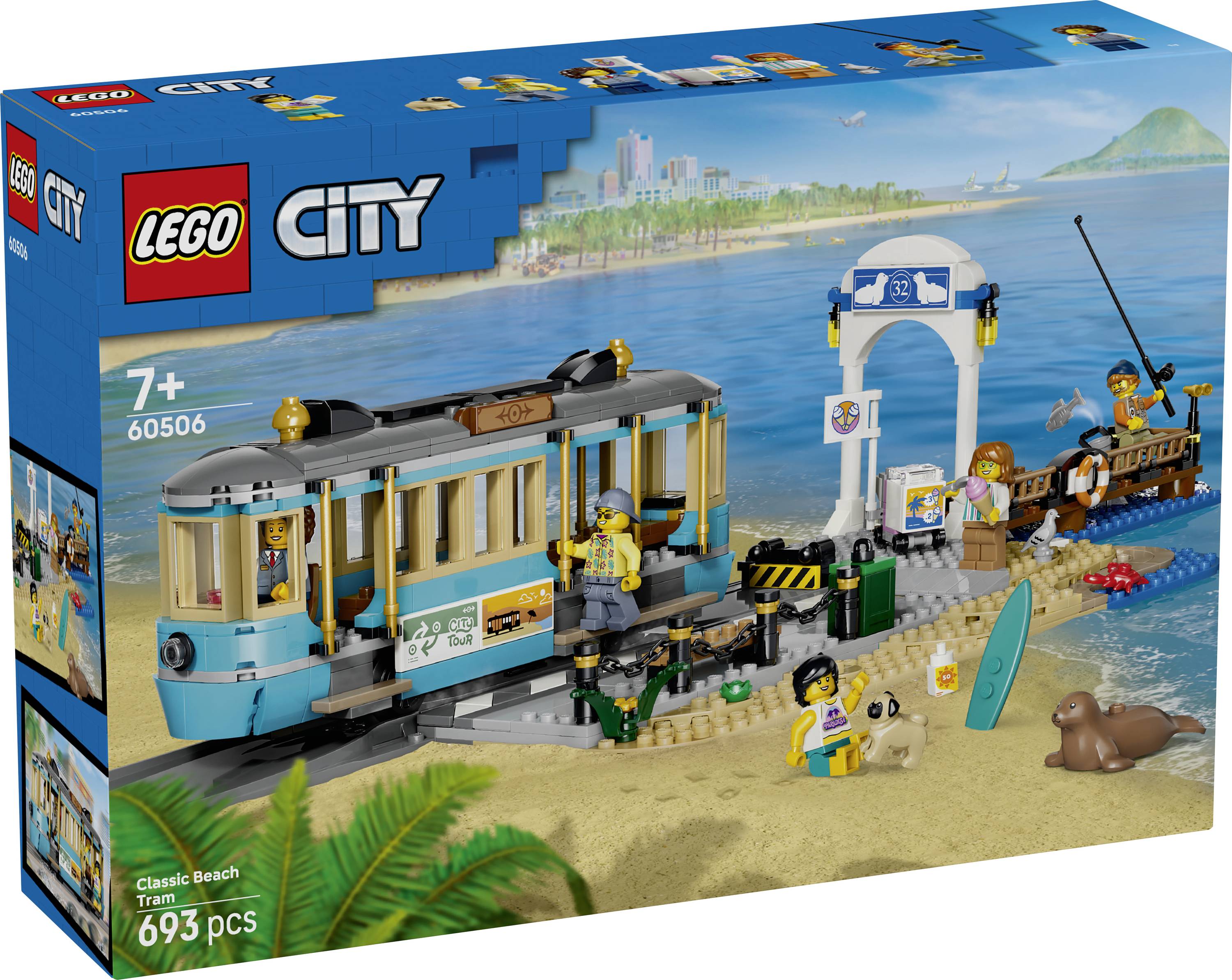 Coffret LEGO City Classic Beach Tram montrant une scène de plage avec un tramway, une arche, des minifigurines, une planche de surf, un phoque et 693 pièces pour les enfants à partir de 7 ans