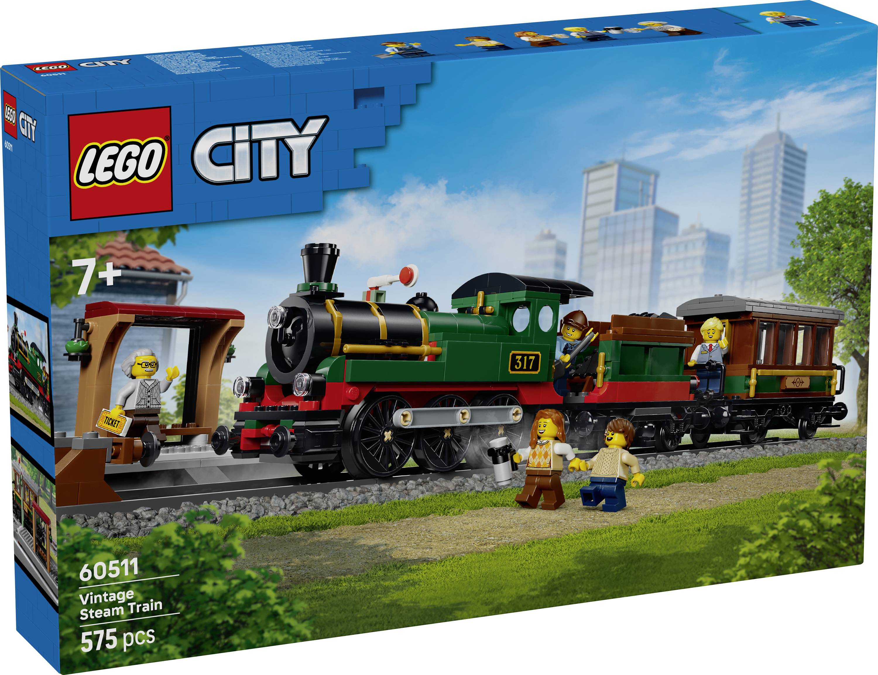 Boîte du set LEGO City 'Train à Vapeur Vintage' affichant une locomotive à vapeur verte avec des voitures de passagers et des minifigurines, à partir de 7 ans, 575 pièces.