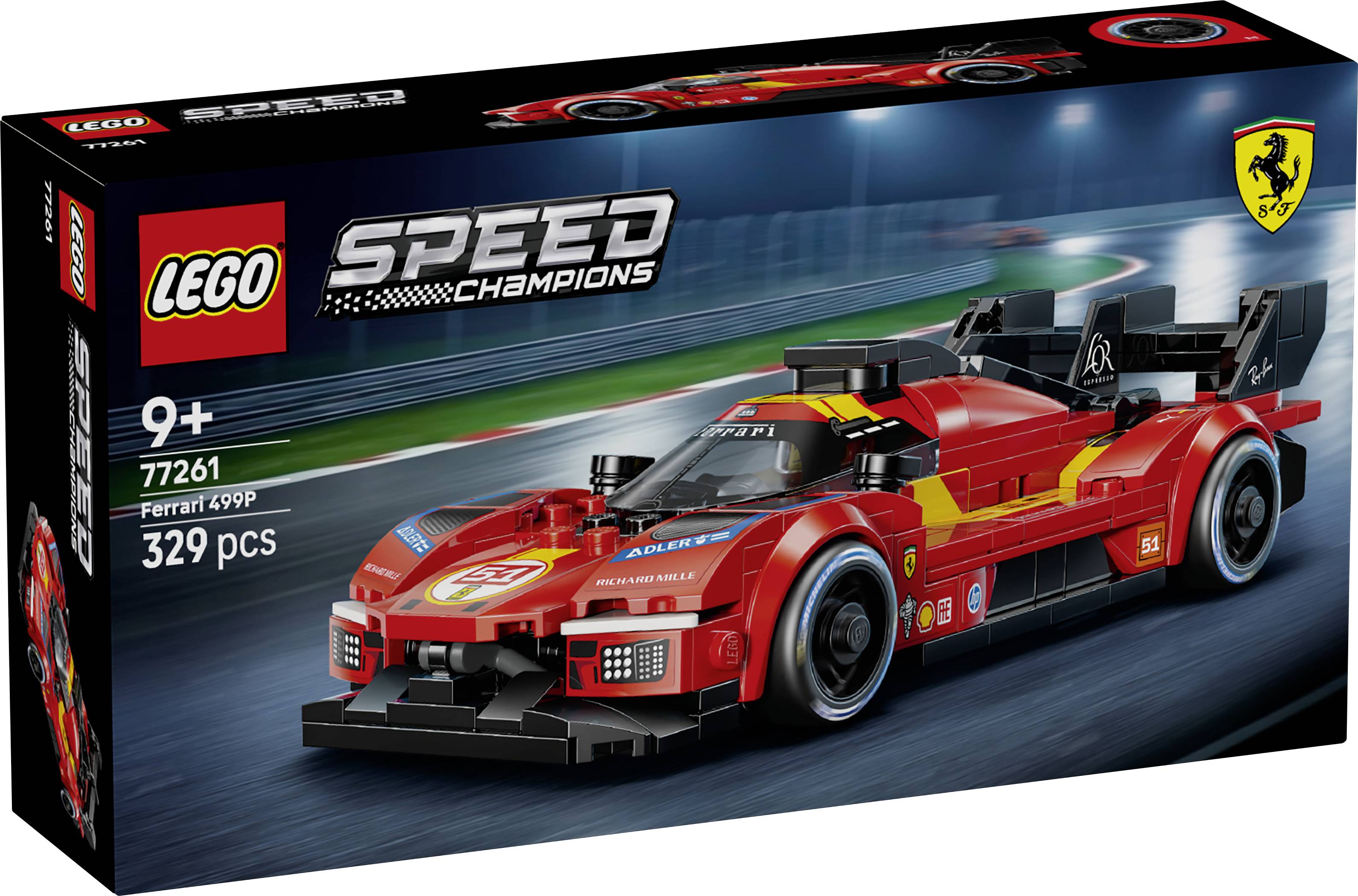 Boîte du set de jouet LEGO Speed Champions Ferrari 499P montrant une voiture de course rouge, à partir de 9 ans, set 77261, 329 pièces.
