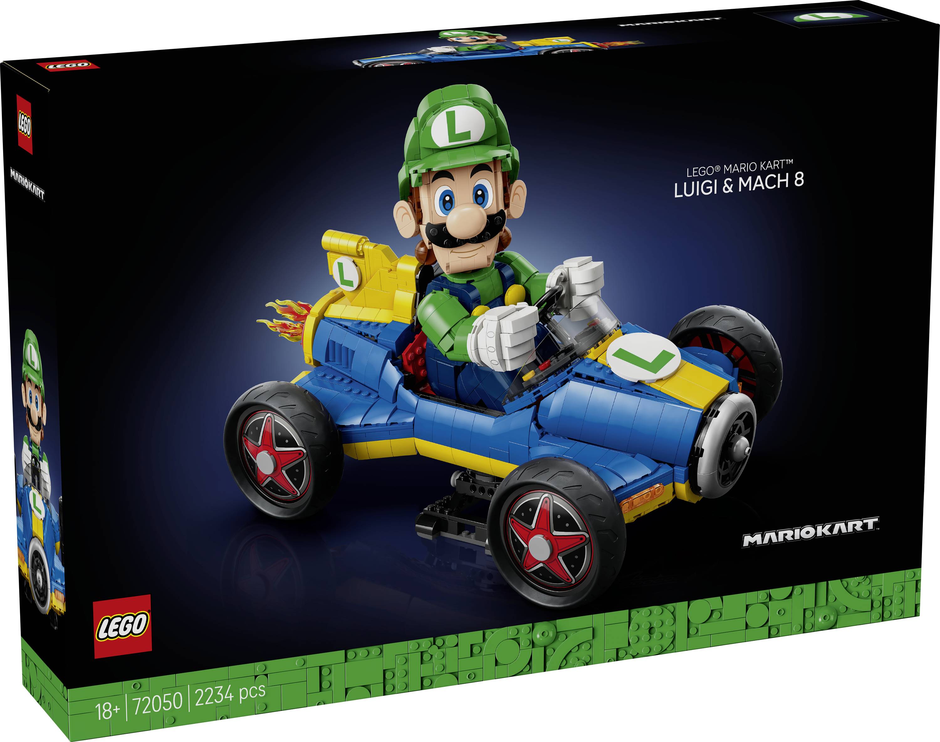Boîte du set LEGO Super Mario « Luigi & Mach 8 » montrant Luigi conduisant une voiture de course Mario Kart bleu et jaune ; à partir de 18 ans, 2 704 pièces.