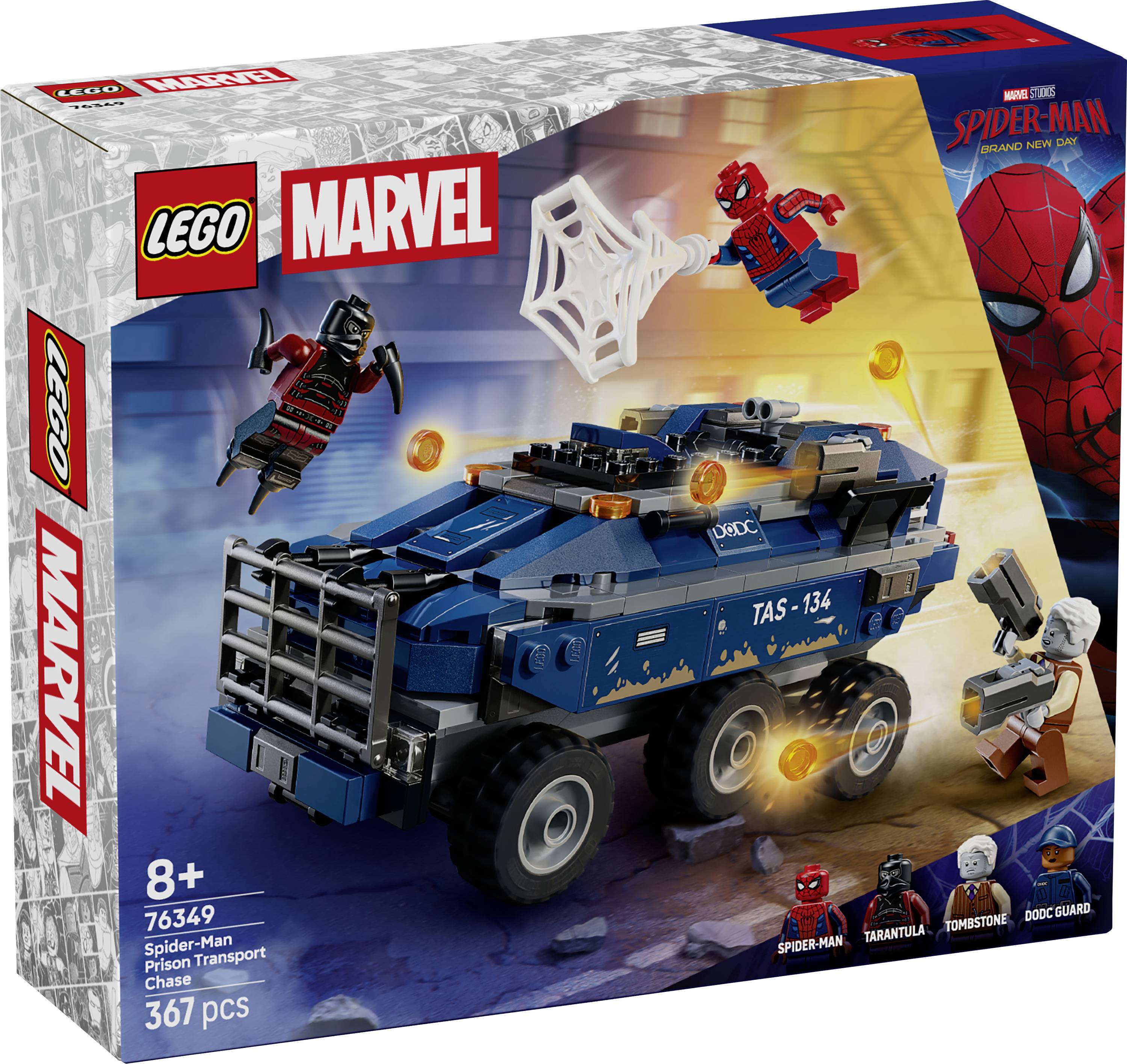 Boîte de set de transport LEGO Marvel Spider-Man montrant un camion de prison blindé bleu, Spider-Man tissant une toile sur un méchant, et les figurines incluses.