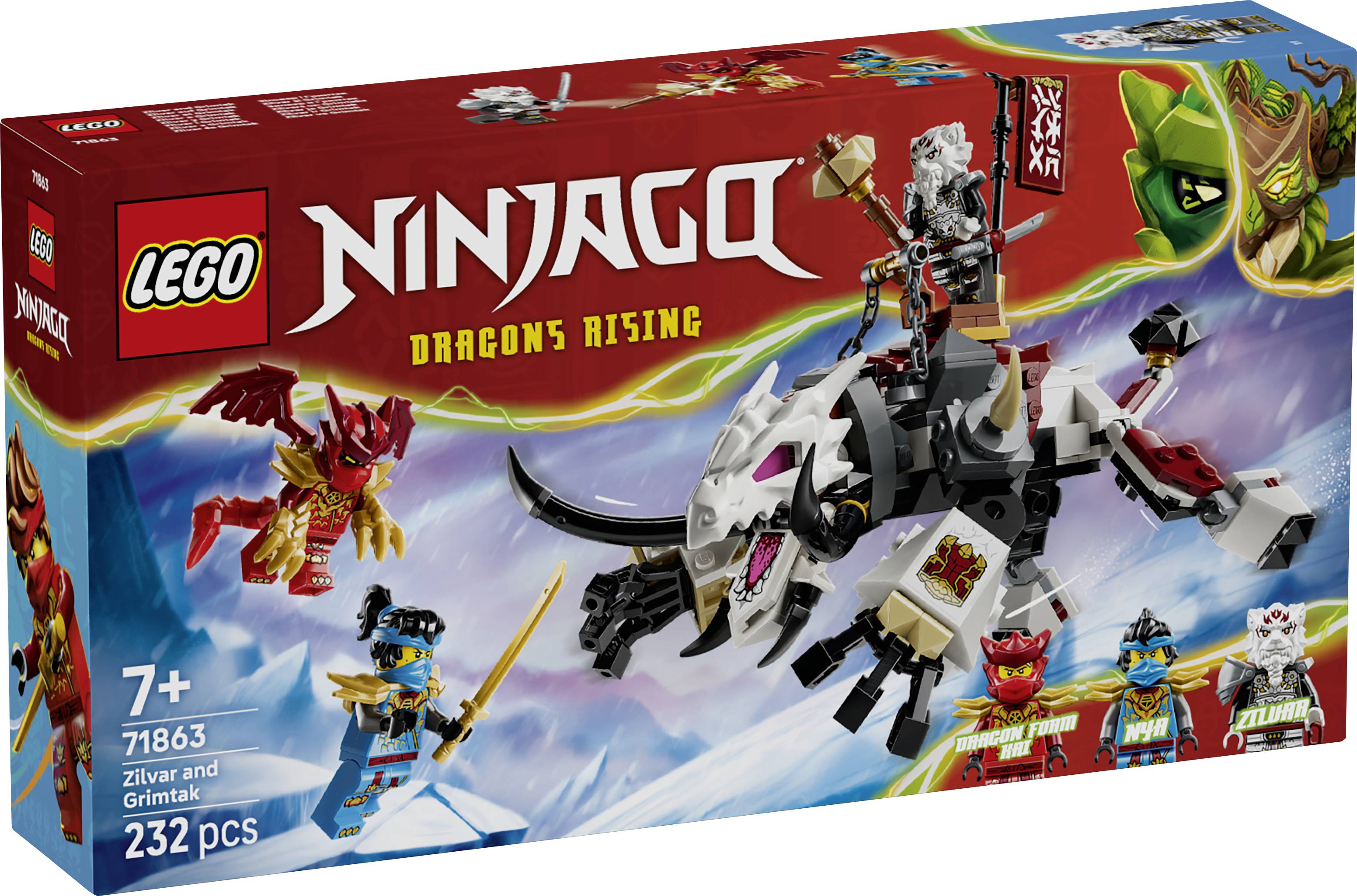 Boîte LEGO Ninjago Dragons Rising Zivlar et Grimtak, montrant deux figurines ninja se battant contre un dragon blanc ; 232 pièces, à partir de 7 ans.
