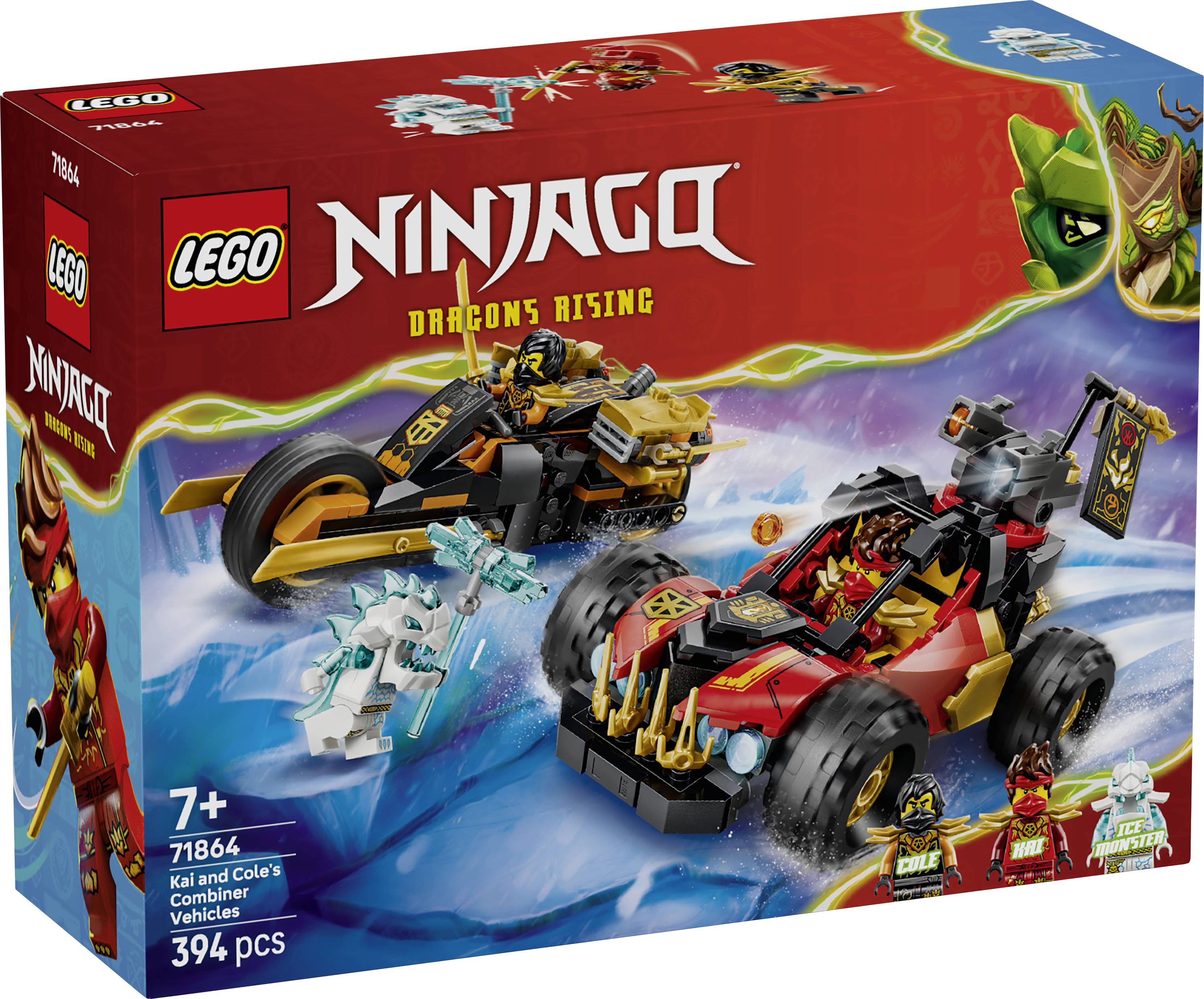 Ensemble de construction LEGO Ninjago Dragons Rising avec véhicules combinables de Kai et Cole, boîte montrant deux véhicules ninja dans une scène d'action ; 394 pièces, 7 ans et plus