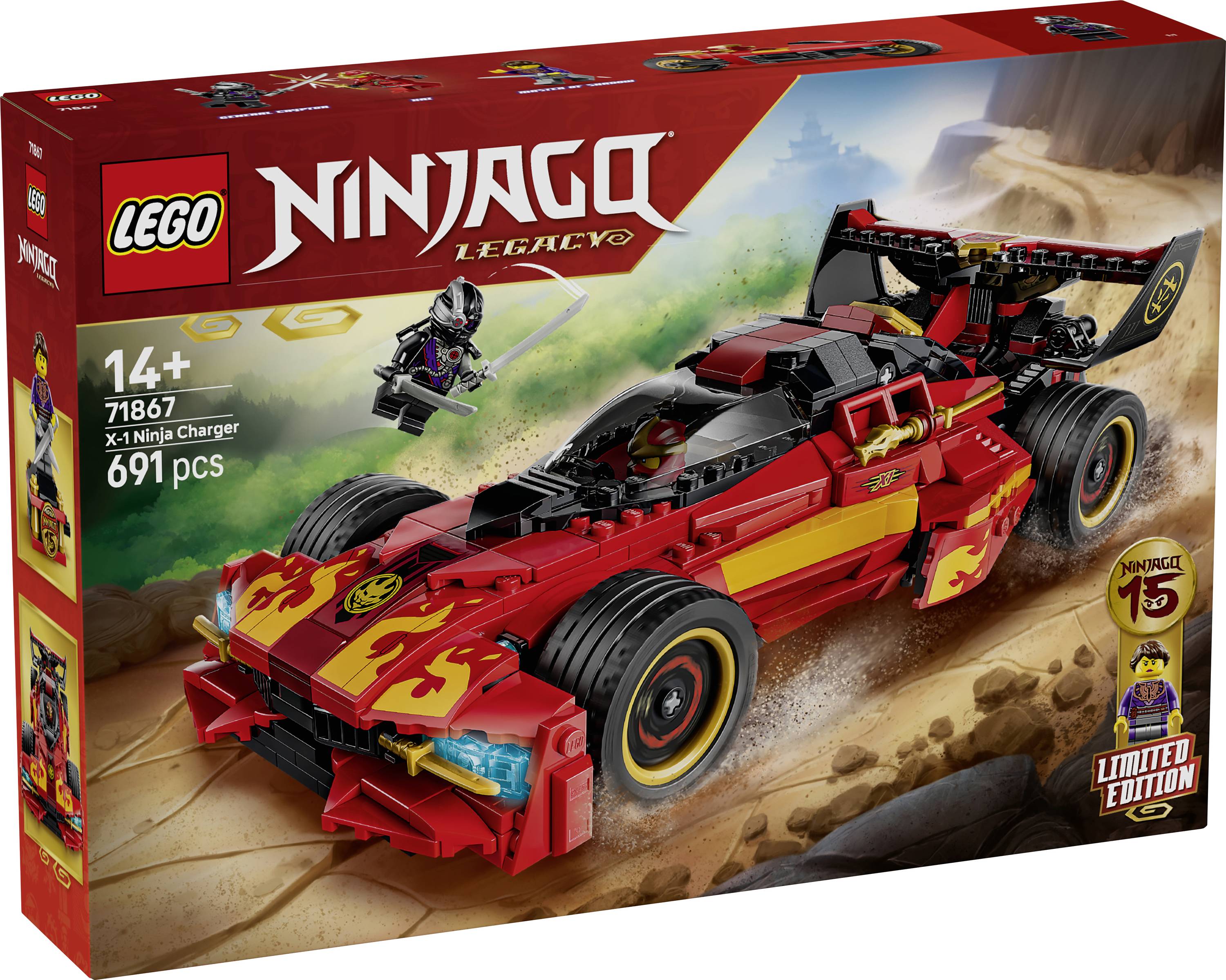 Boîte LEGO NINJAGO Legacy pour l'ensemble 71867, X-1 Ninja Charger, à partir de 14 ans, 691 pièces, montrant une voiture de course rouge et une minifigurine ninja conduisant à travers le sable.