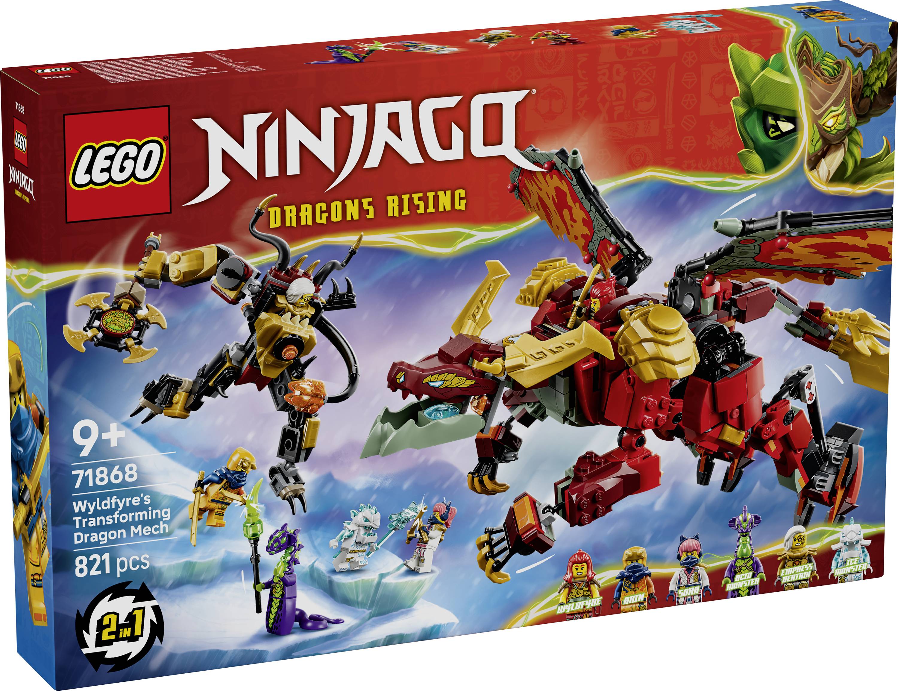 Art de boîte LEGO NINJAGO Dragons Rising pour l'ensemble Mecha Dragon Transformable de Wildfyre, à partir de 9 ans, 821 pièces, montrant un mecha dragon rouge et des minifigurines.