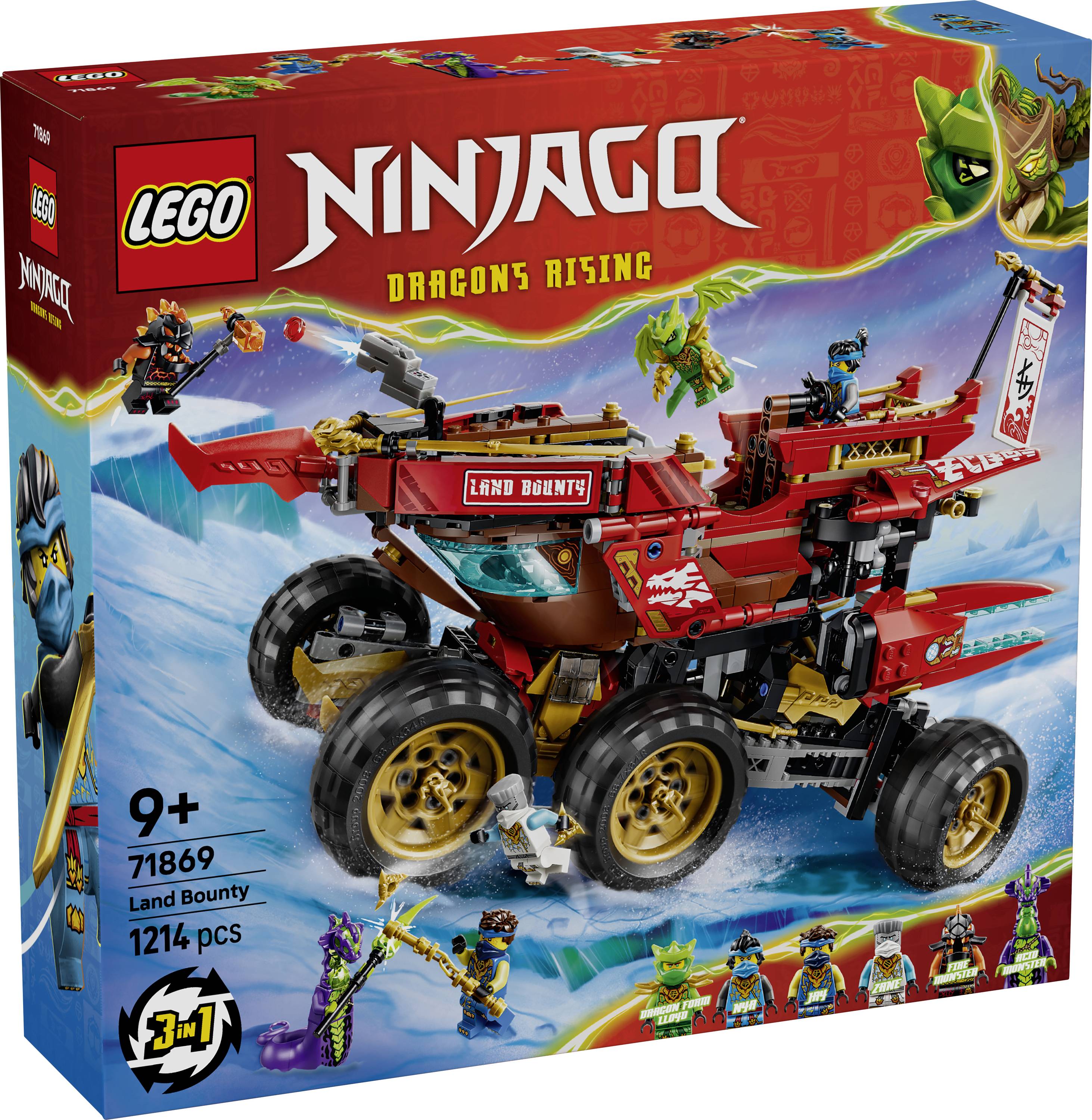 Boîte du set LEGO Ninjago Dragons Rising « Land Bounty » 3-en-1, montrant un véhicule rouge multi-roues avec des minifigurines Ninjago ; à partir de 9 ans, 1214 pièces.