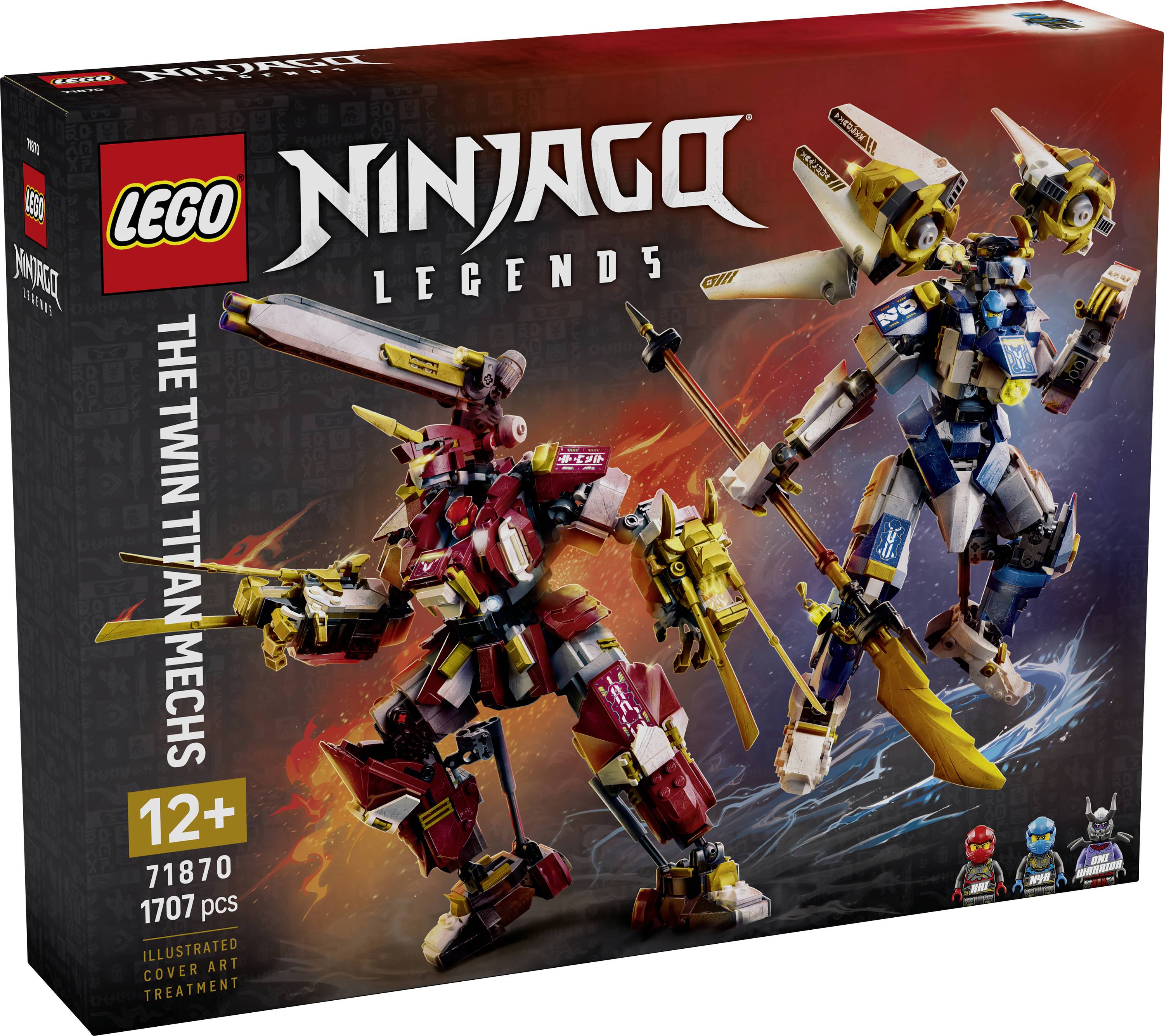 LEGO Ninjago Legends « Les Double Mechas Titans » illustration de boîte montrant deux grands mechas de combat, à partir de 12 ans, set 71870, 1707 pièces.