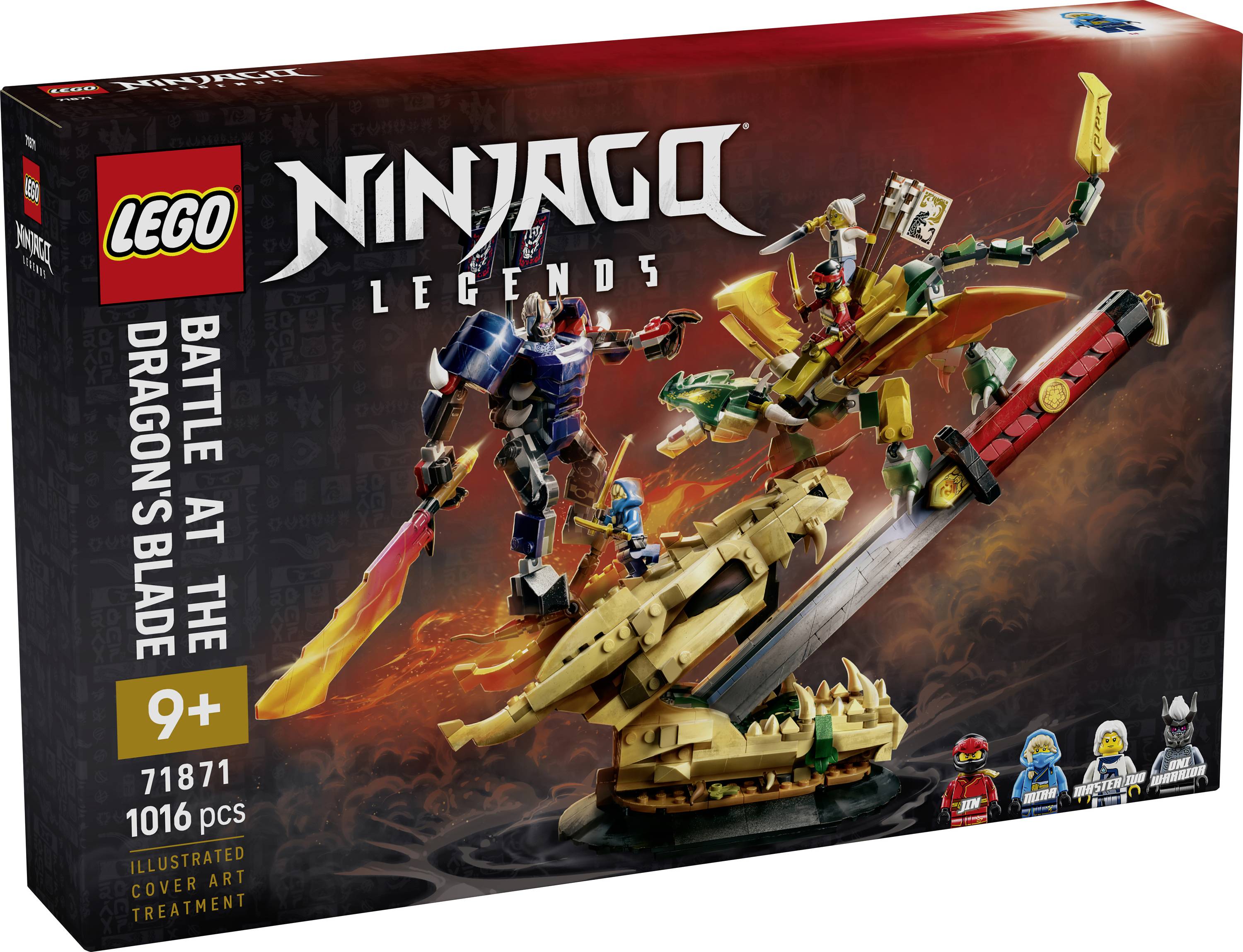 Boîte de jeu LEGO Ninjago Legends « Bataille à l'Épée du Dragon », montrant une scène de bataille entre un dragon et un avion, à partir de 9 ans, 71871, 1016 pièces.