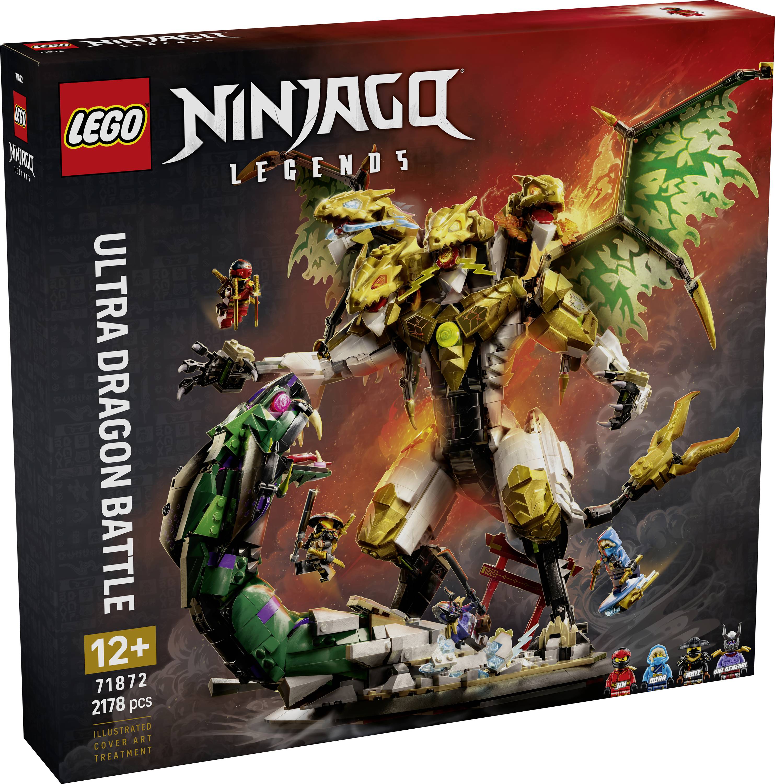 Ensemble LEGO Ninjago Legends 'Ultra Dragon Battle' montrant sur sa boîte un dragon doré à plusieurs têtes combattant un dragon vert; à partir de 12 ans, 2178 pièces.