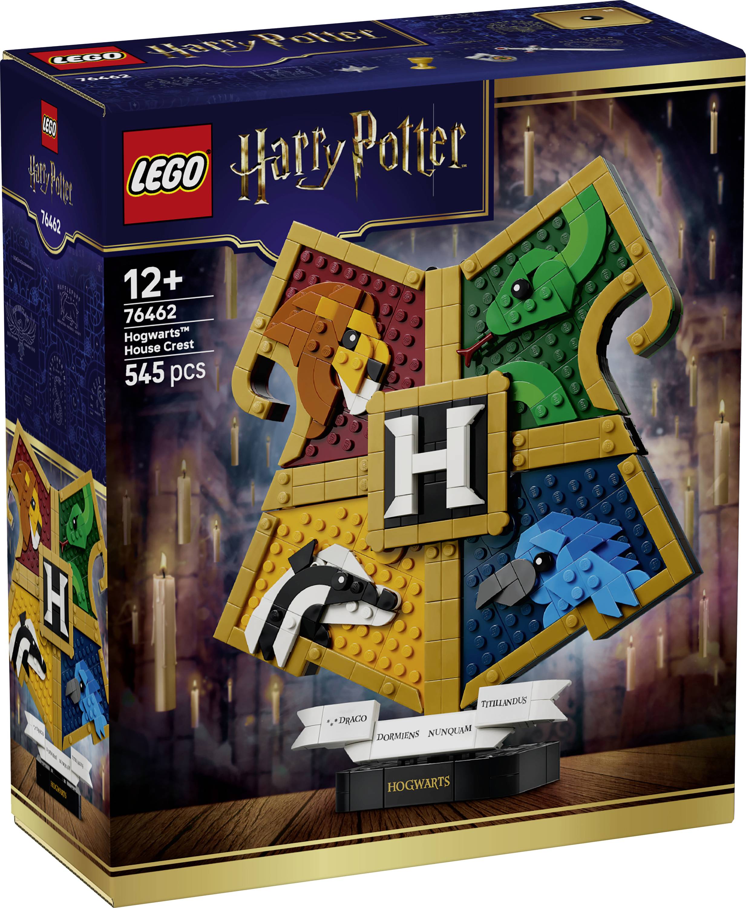Boîte du set LEGO Harry Potter Blason de la Maison Poudlard, 12+, 74662, 545 pièces, montrant un blason de Poudlard constructible avec les animaux de la maison et la lettre H.