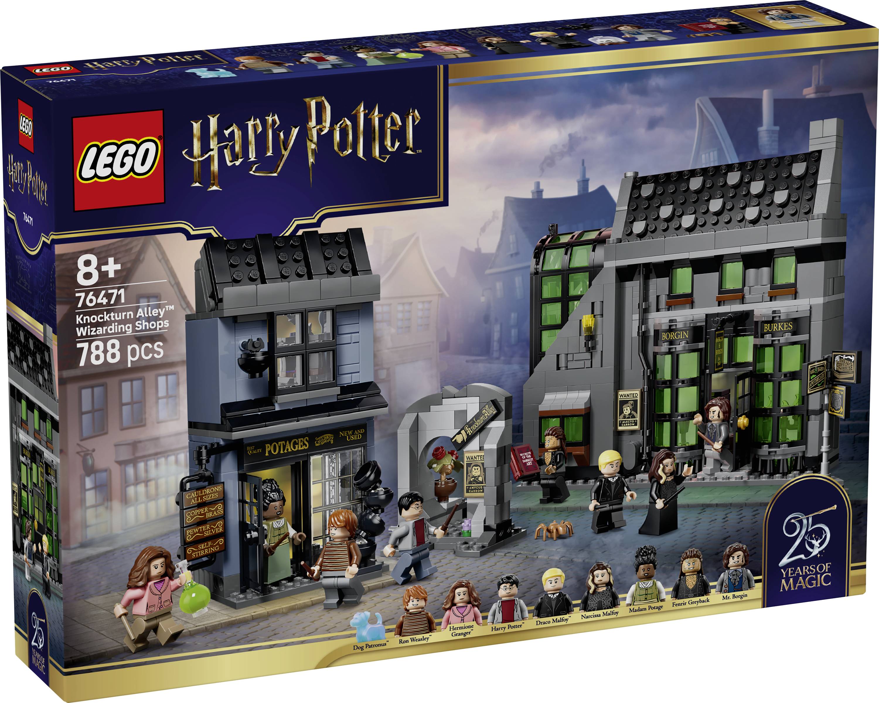 LEGO Harry Potter ensemble de magasins de l'Allée Knockturn, à partir de 8 ans, 76477, 788 pièces, avec les figurines miniatures affichées sur la boîte.