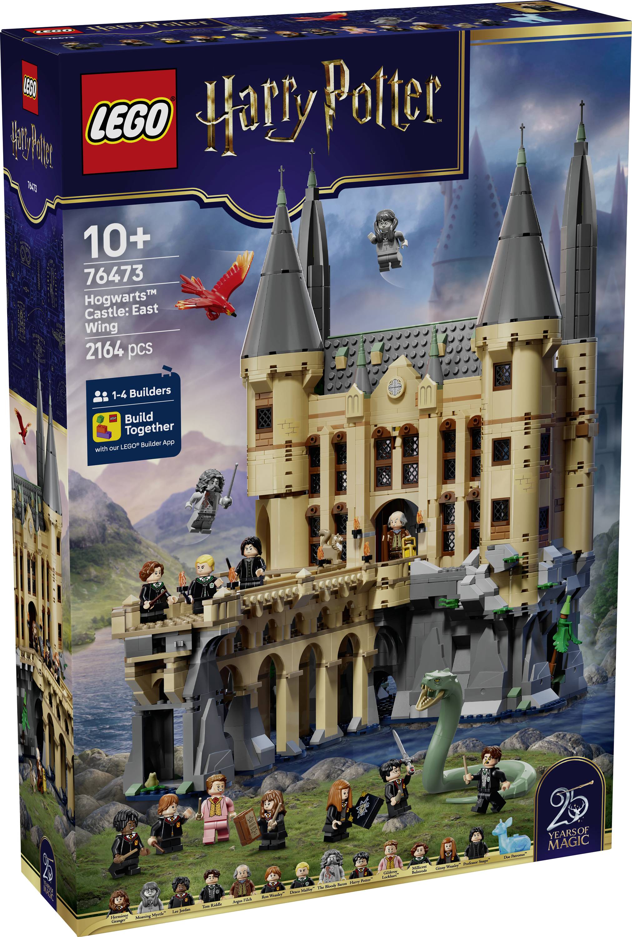 Art de boîte du château de Poudlard LEGO Harry Potter : Tour Est, à partir de 10 ans, 2 164 pièces, montrant le modèle du château avec des minifigurines et un oiseau rouge volant.