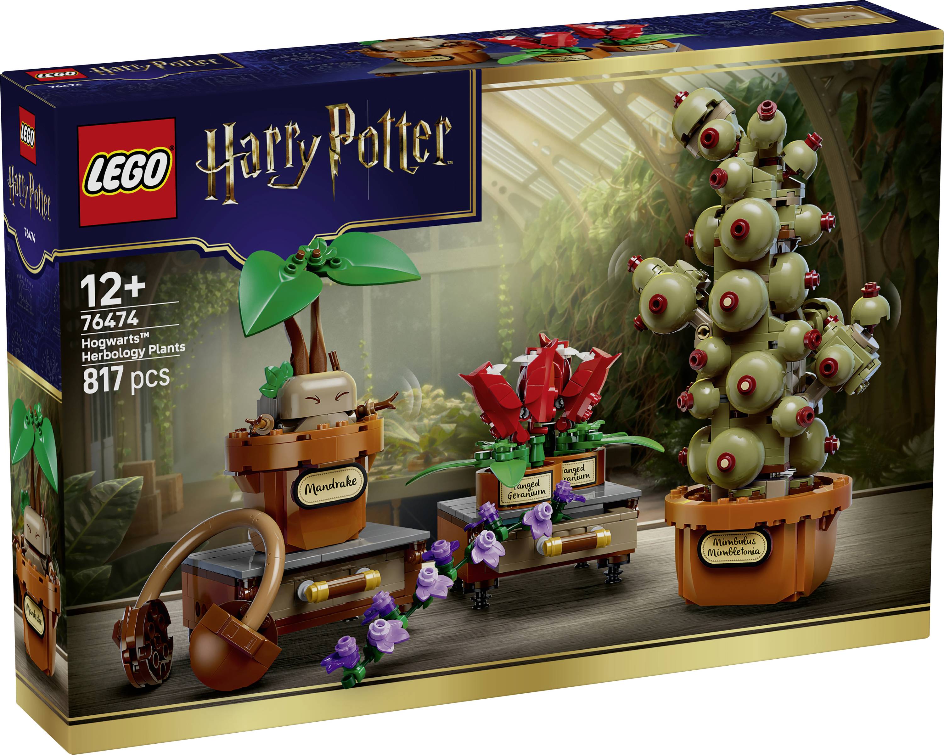 Boîte de set LEGO Harry Potter montrant la classe d'Herbologie de Poudlard : Mandragore, fleurs rouges et une plante ressemblant à une tentacule dans des pots, 817 pièces, à partir de 12 ans.