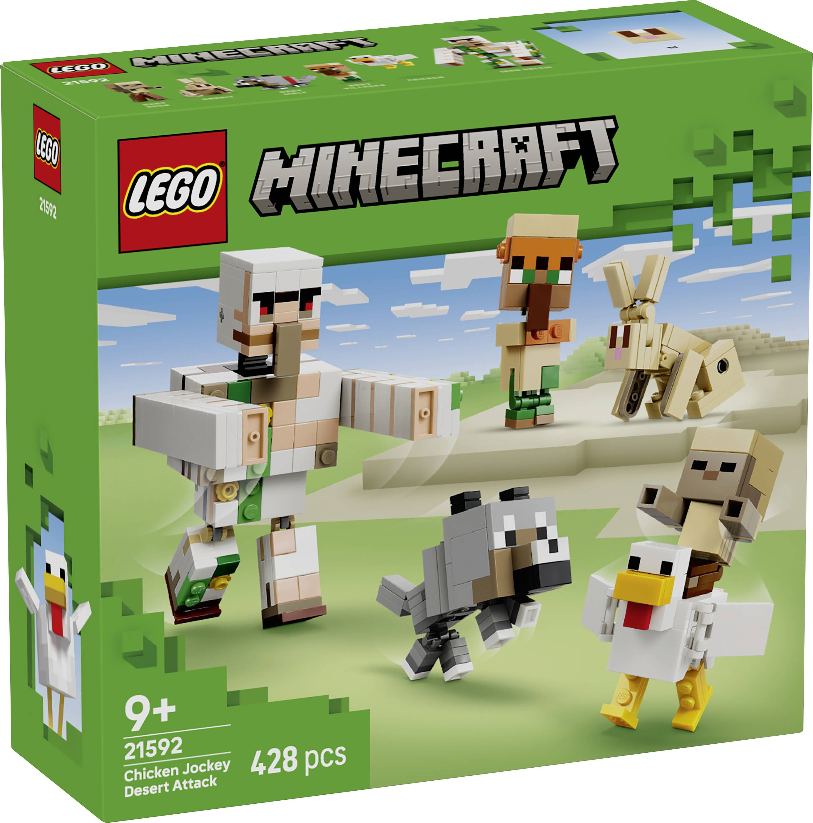 Ensemble LEGO Minecraft « Attaque du Désert avec Jockey Poule » montrant des personnages à blocs et une poule dans une scène de désert, 428 pièces, à partir de 9 ans
