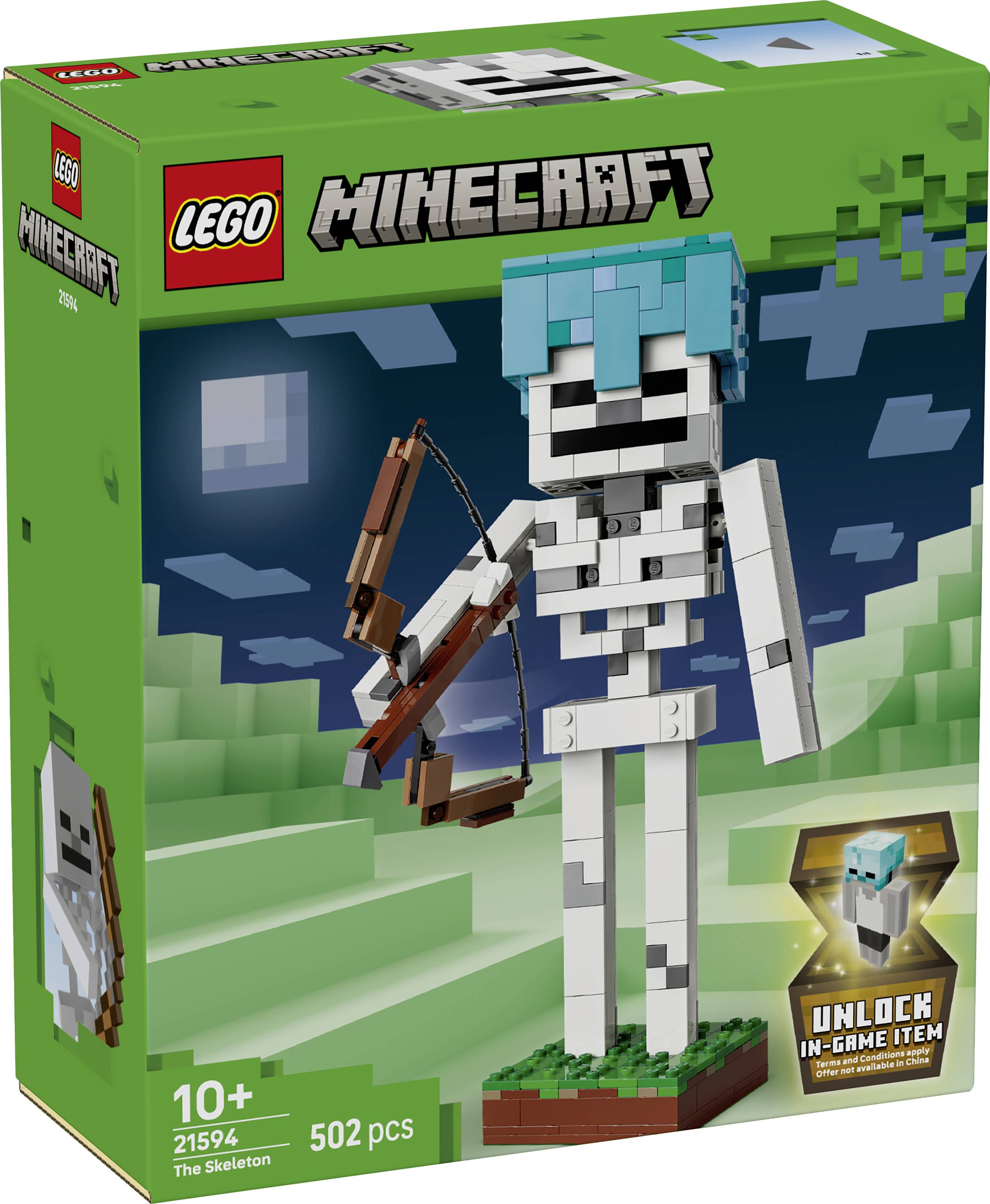 Boîte de l'ensemble LEGO Minecraft « Le Squelette » présentant une figurine squelette blanc avec un arc, étiquetée 10+, 21594, 502 pièces.