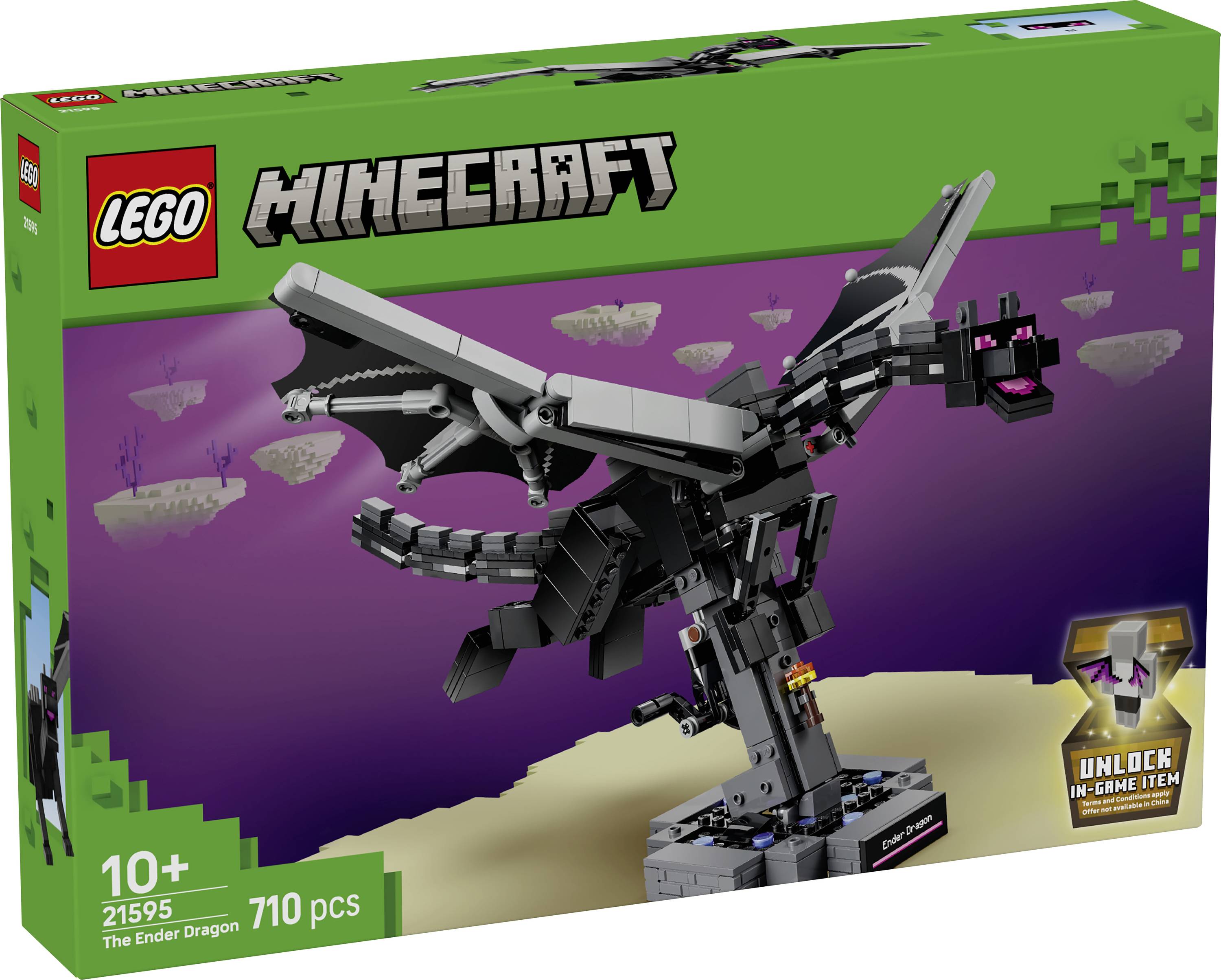 Boîte du set LEGO Minecraft Le Dragon de l'Ender montrant un modèle de dragon noir ; 710 pièces, à partir de 10 ans, set 21595.