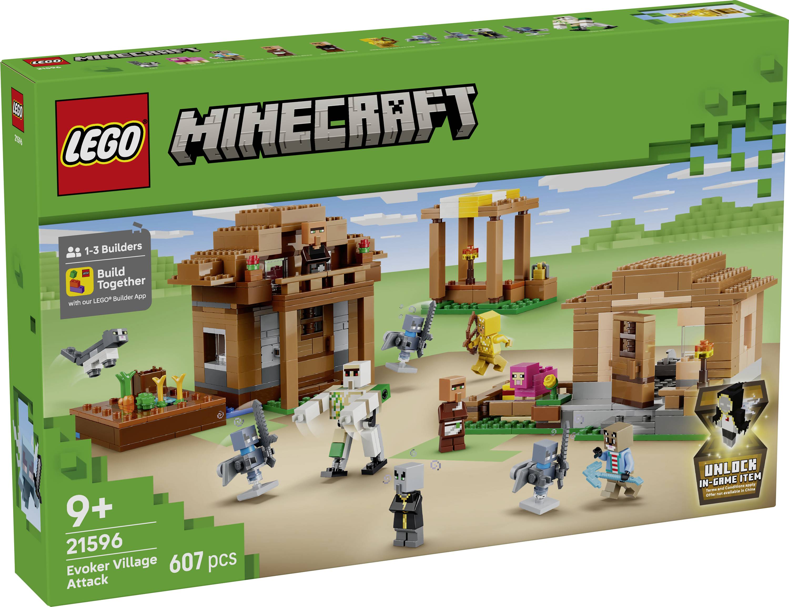 Boîte du set LEGO Minecraft « L'Attaque du Village de l'Invocateur », montrant une scène de bataille villageoise, à partir de 9 ans, 21596, 607 pièces, pour 1 à 3 constructeurs.